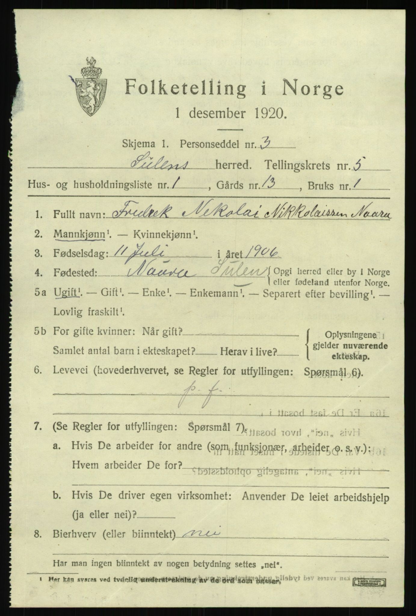 SAB, 1920 census for Solund, 1920, p. 2228