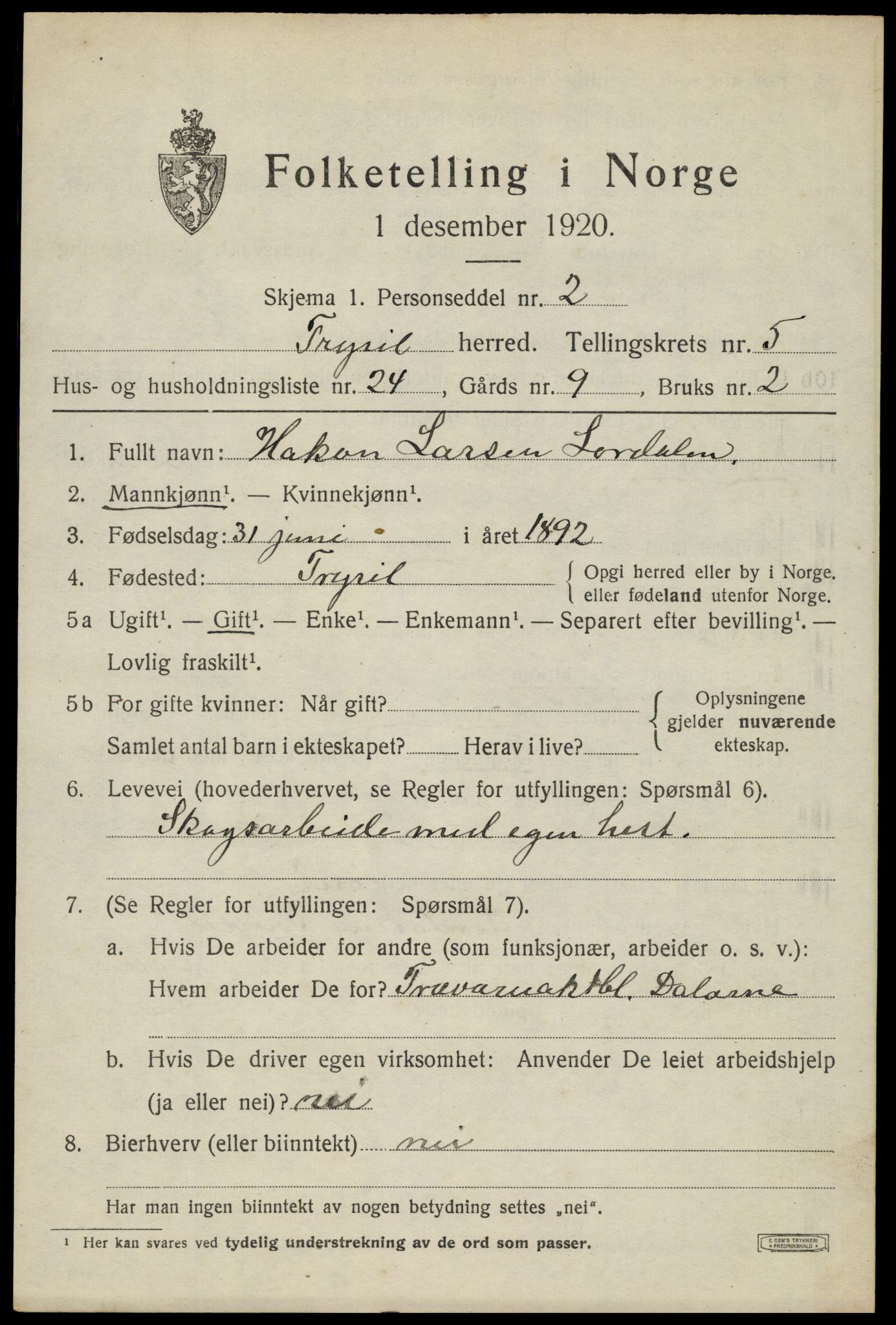 SAH, 1920 census for Trysil, 1920, p. 4519