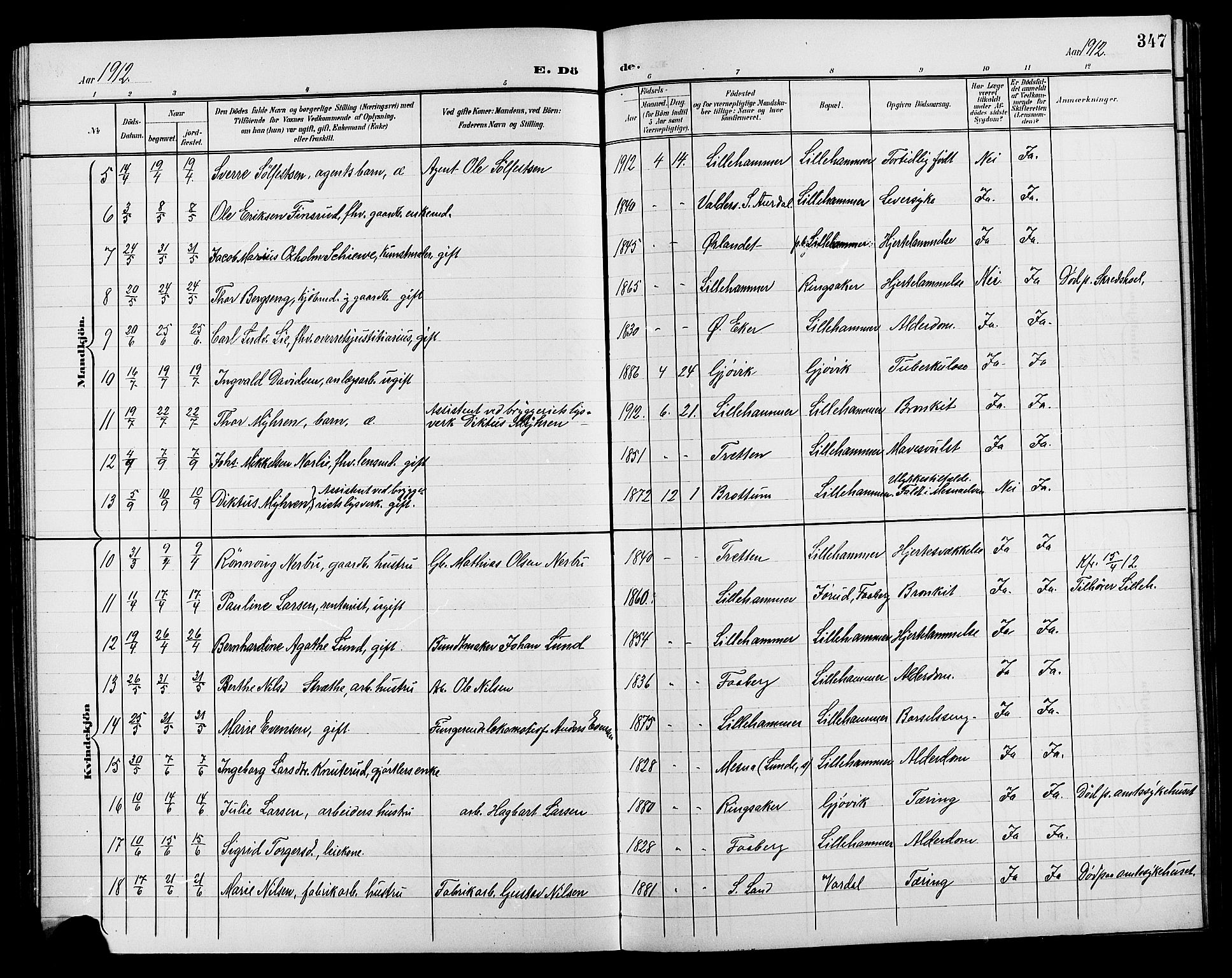 Lillehammer prestekontor, AV/SAH-PREST-088/H/Ha/Hab/L0001: Parish register (copy) no. 1, 1901-1913, p. 347