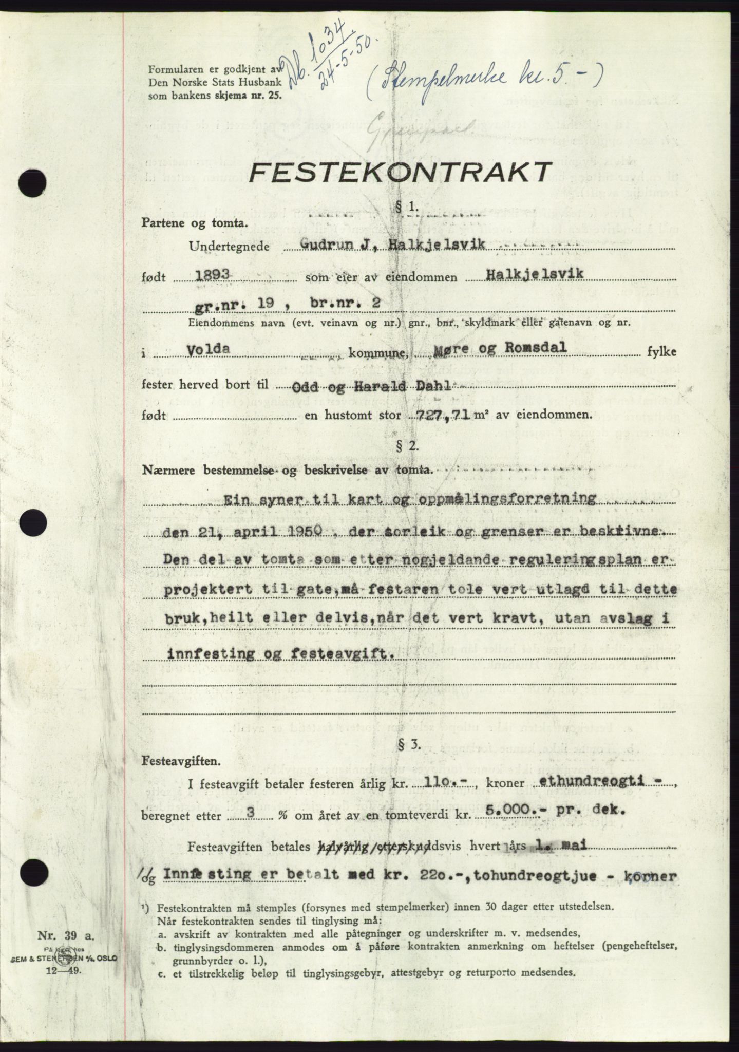 Søre Sunnmøre sorenskriveri, SAT/A-4122/1/2/2C/L0087: Mortgage book no. 13A, 1950-1950, Diary no: : 1034/1950
