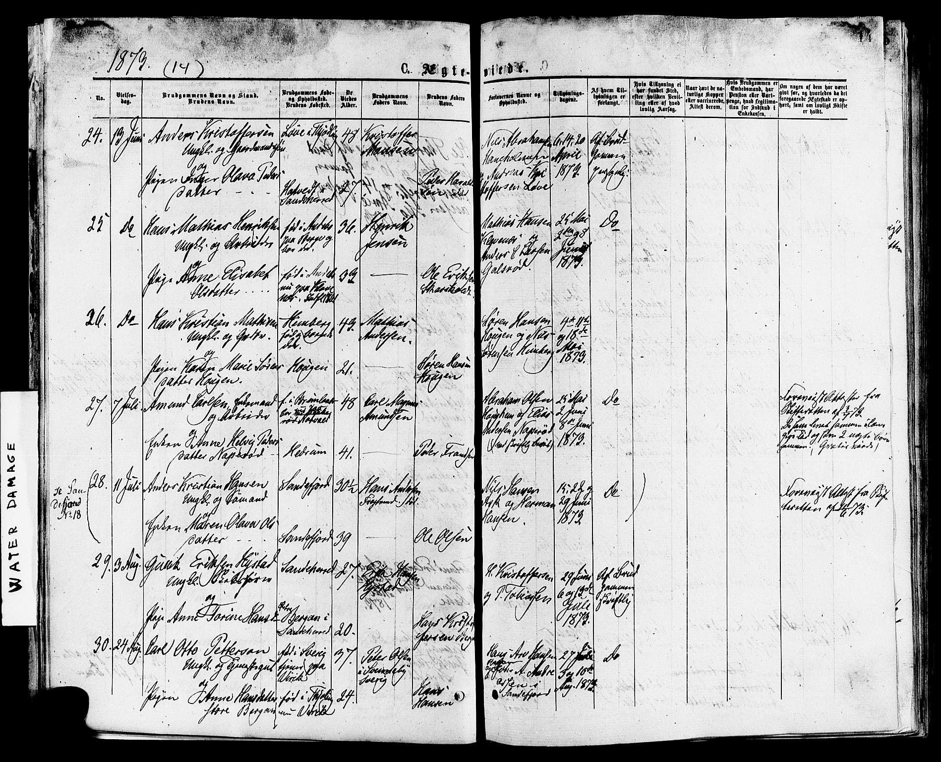 Sandar kirkebøker, SAKO/A-243/F/Fa/L0011: Parish register (official) no. 11, 1872-1882, p. 14