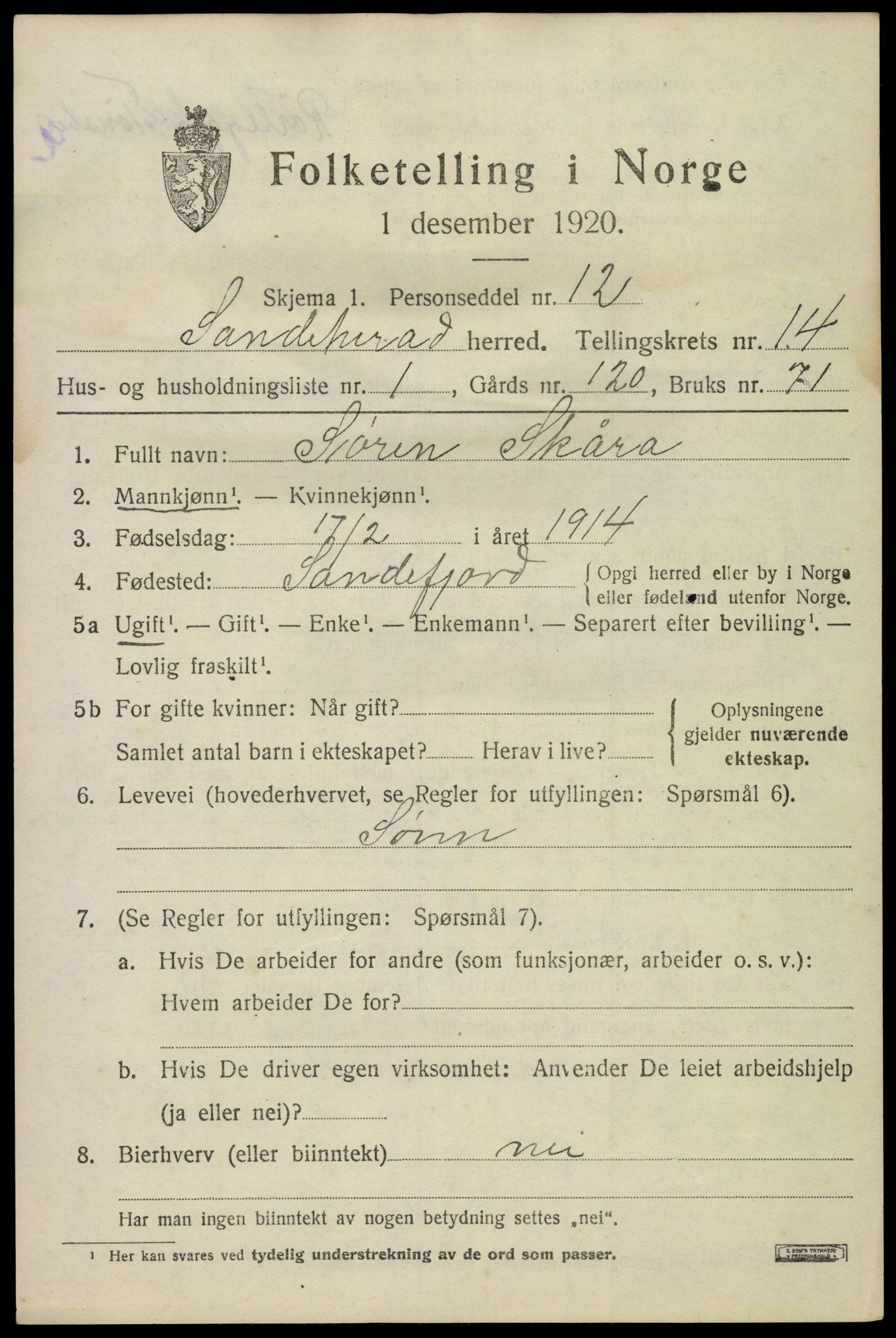 SAKO, 1920 census for Sandeherred, 1920, p. 20198