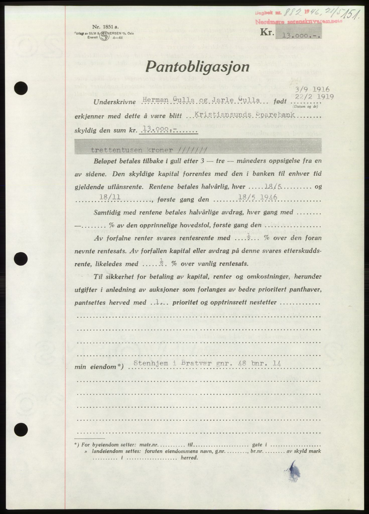 Nordmøre sorenskriveri, AV/SAT-A-4132/1/2/2Ca: Mortgage book no. B94, 1946-1946, Diary no: : 882/1946