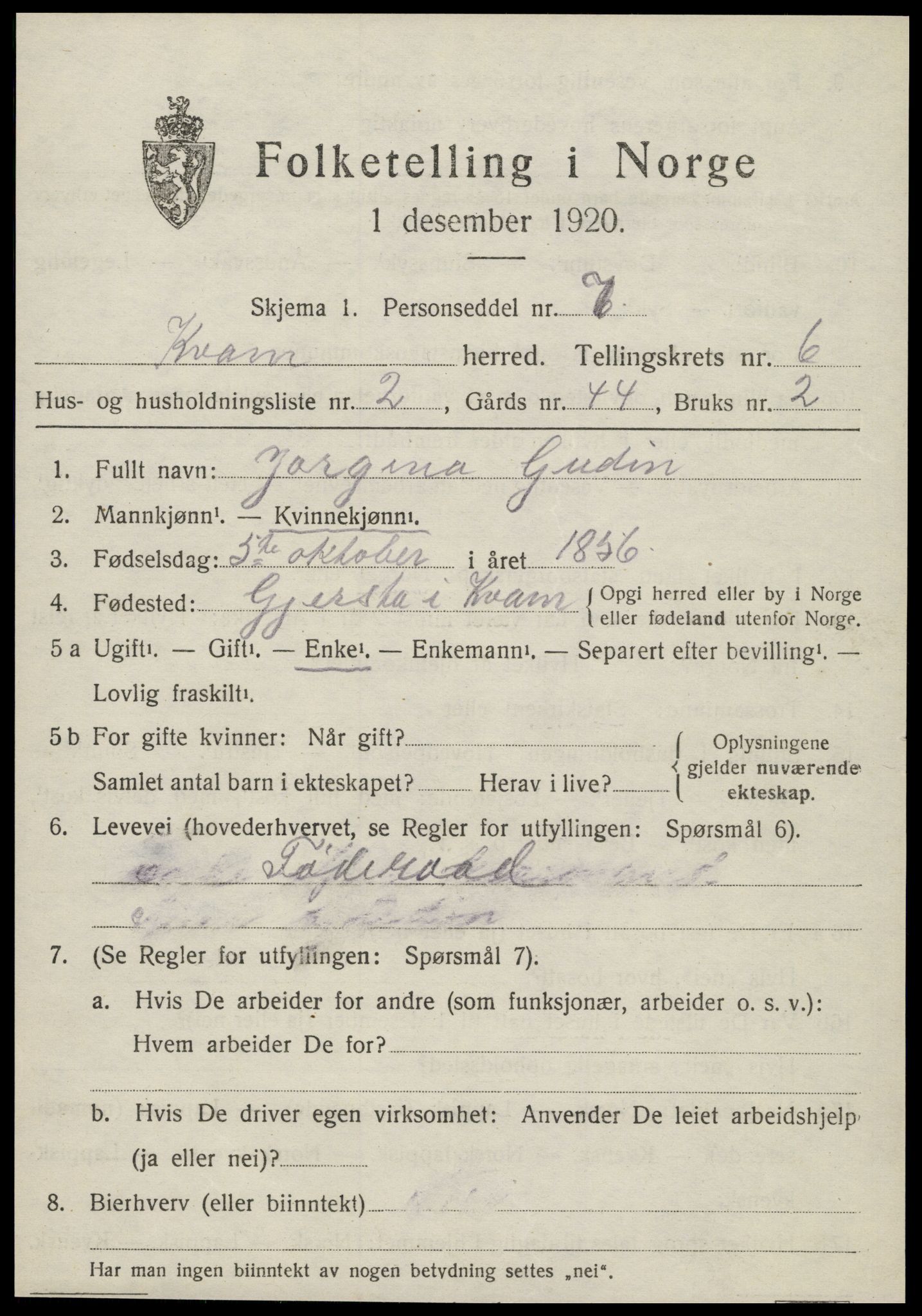 SAT, 1920 census for Kvam, 1920, p. 1609