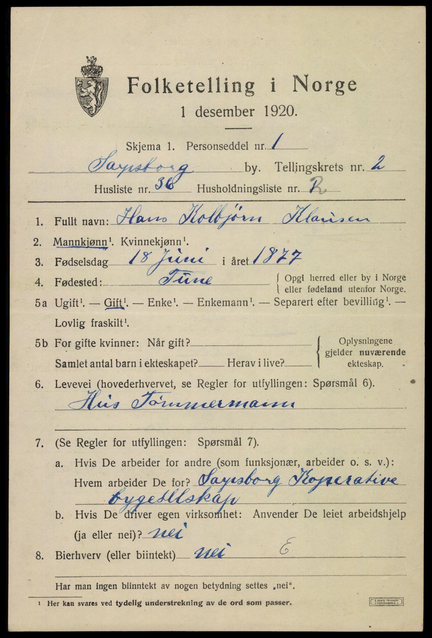 SAO, 1920 census for Sarpsborg, 1920, p. 9962