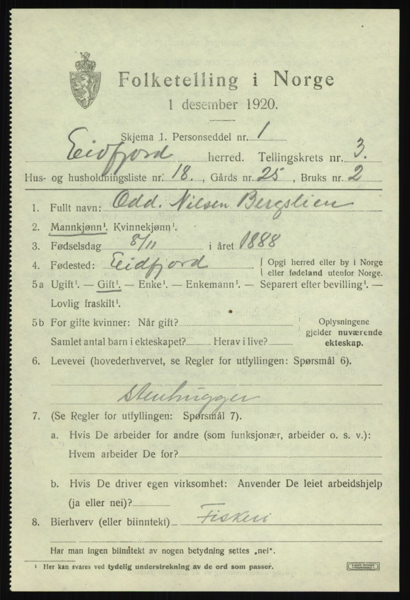SAB, 1920 census for Eidfjord, 1920, p. 1194