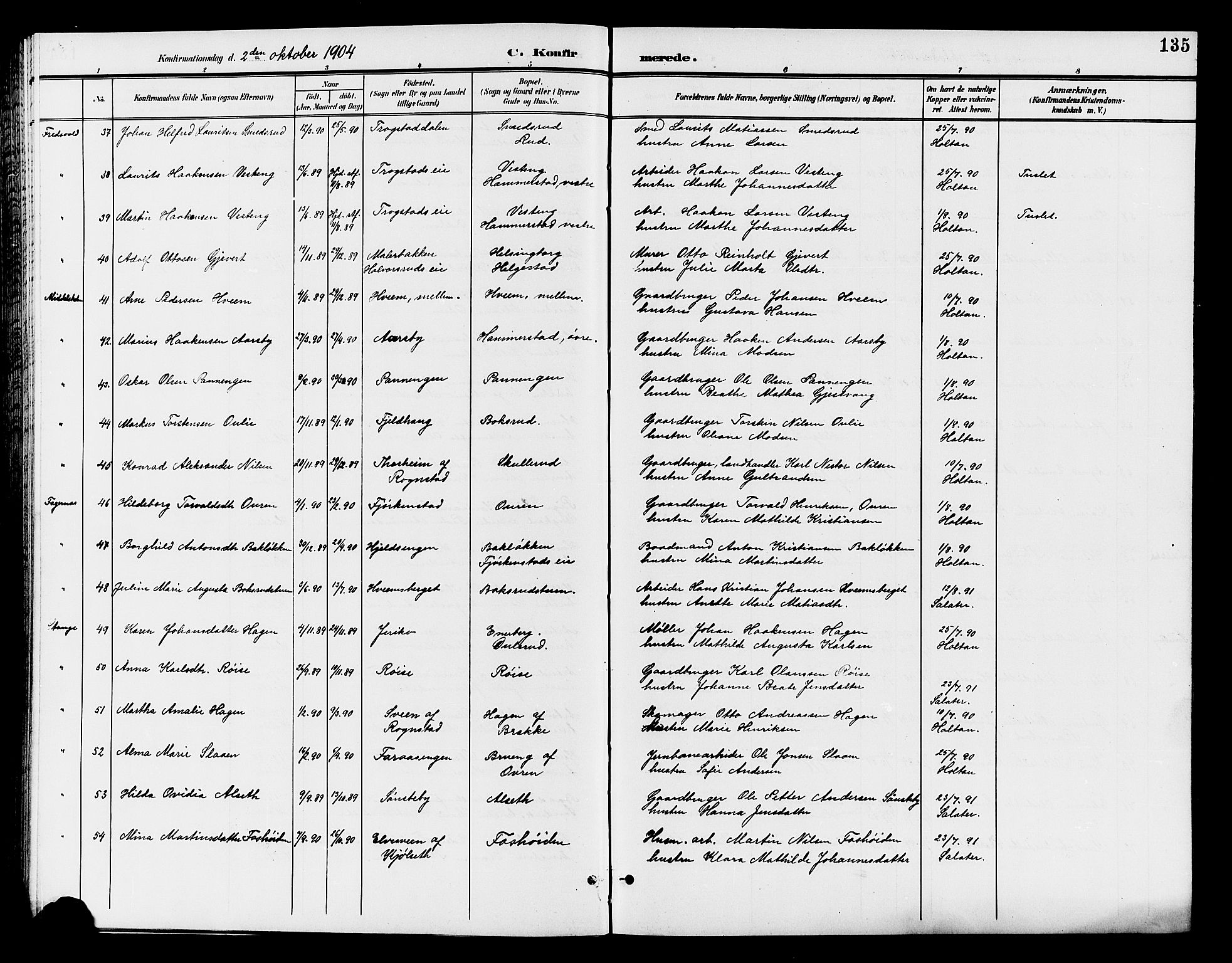 Østre Toten prestekontor, AV/SAH-PREST-104/H/Ha/Hab/L0007: Parish register (copy) no. 7, 1901-1912, p. 135