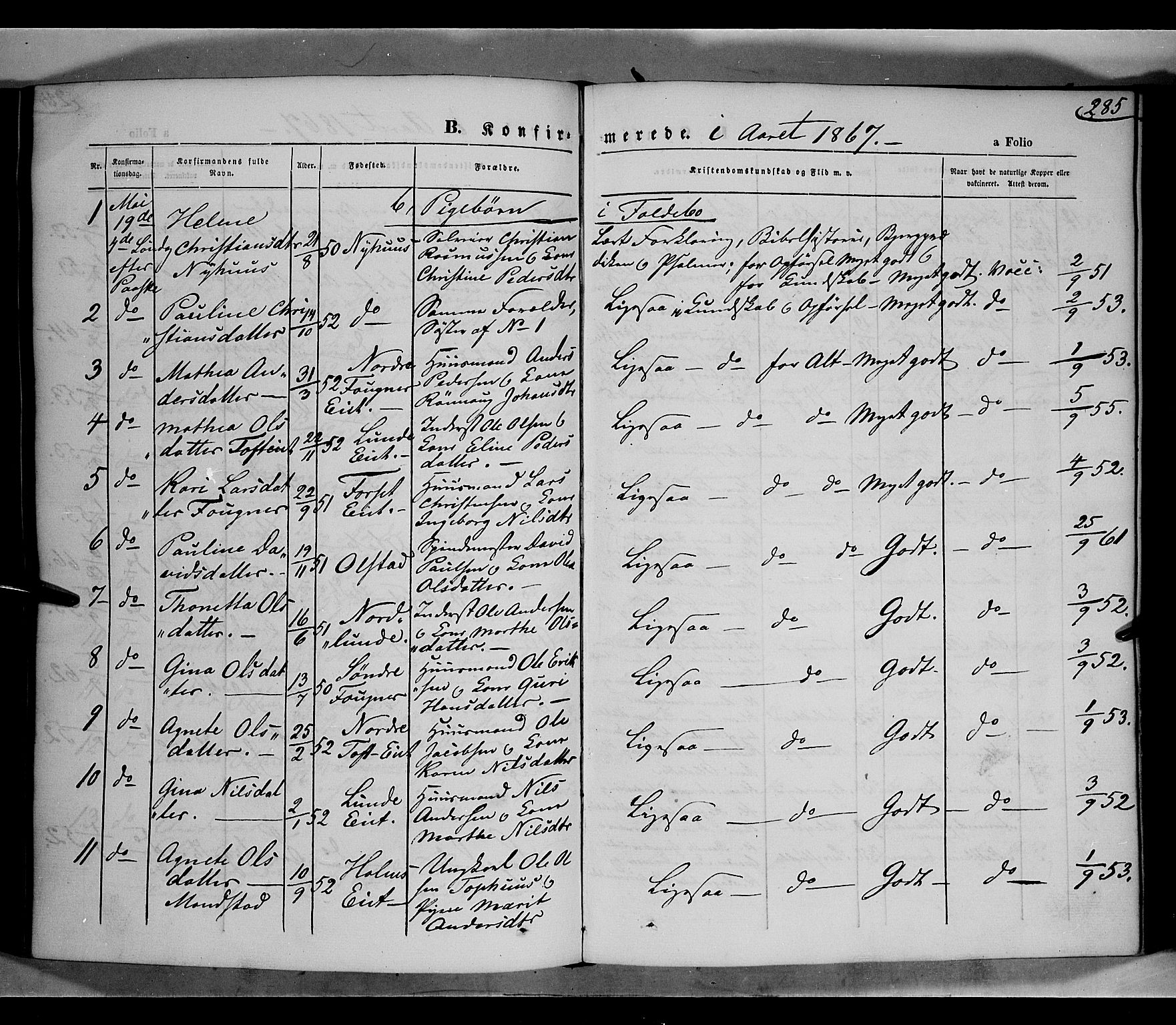 Gausdal prestekontor, AV/SAH-PREST-090/H/Ha/Haa/L0009: Parish register (official) no. 9, 1862-1873, p. 285