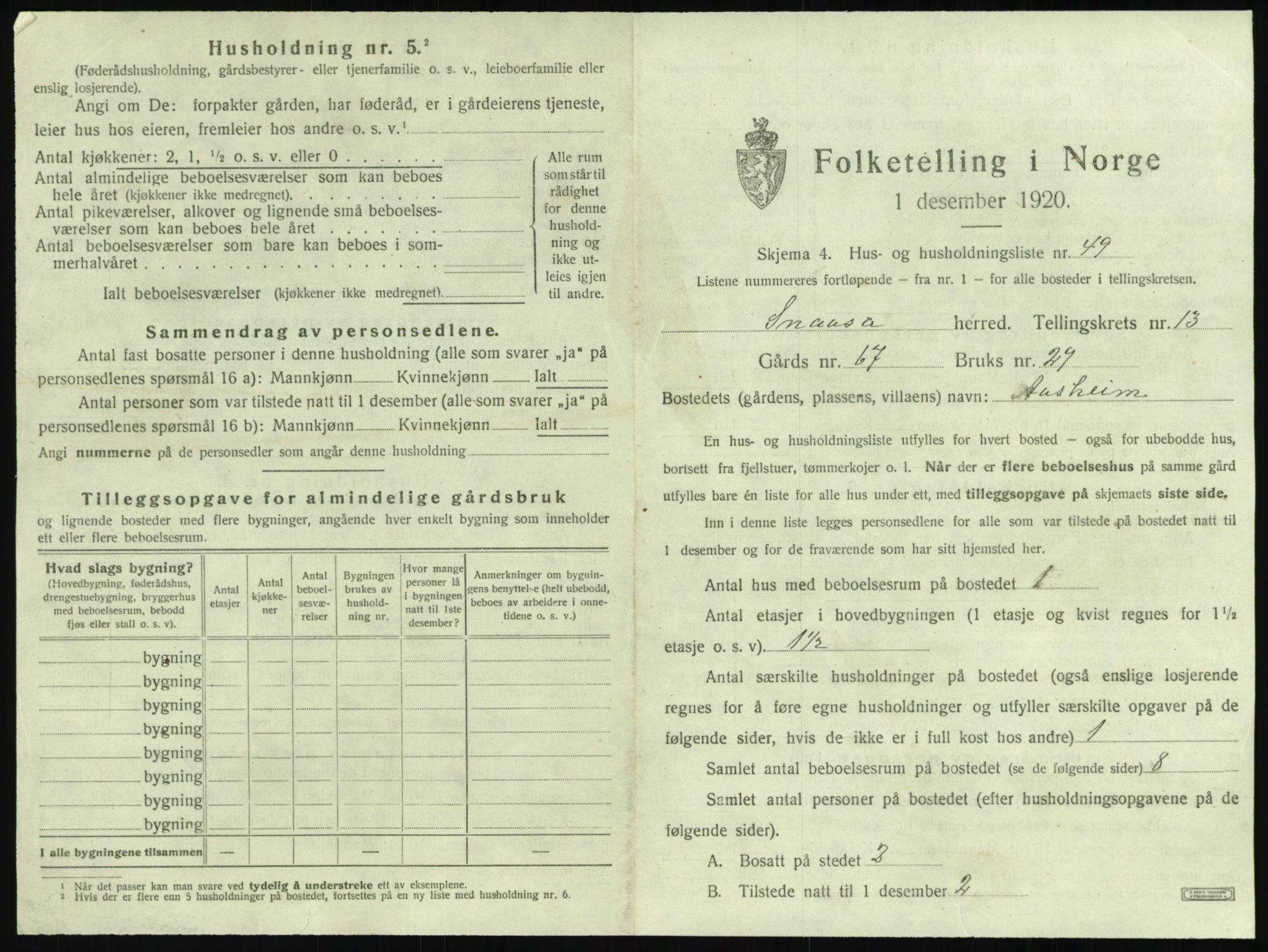 SAT, 1920 census for Snåsa, 1920, p. 1040