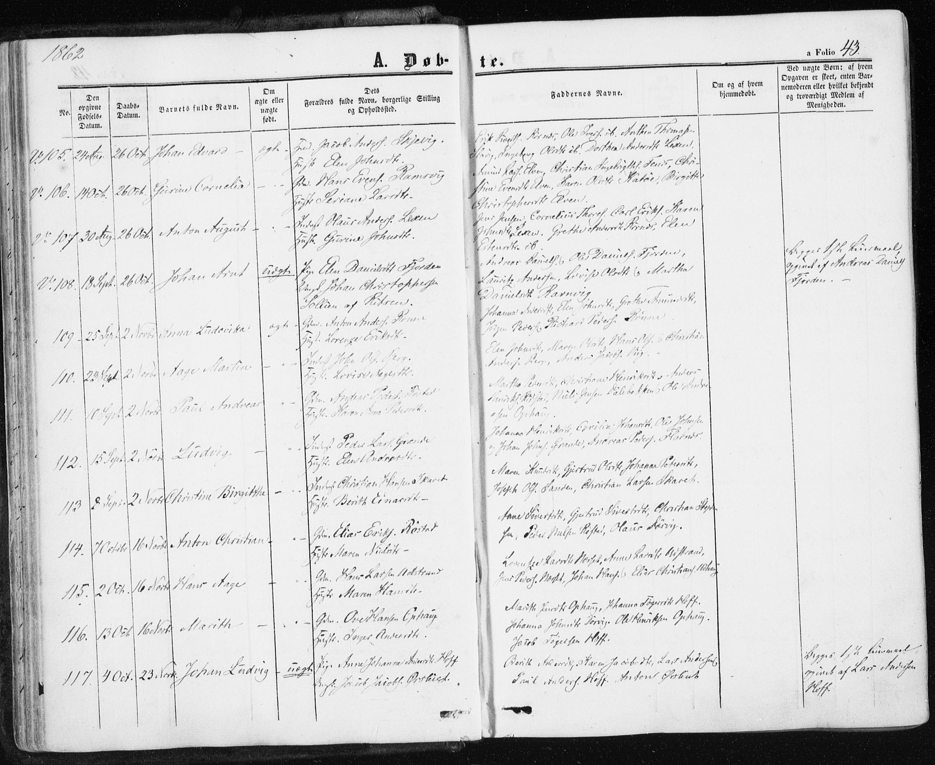 Ministerialprotokoller, klokkerbøker og fødselsregistre - Sør-Trøndelag, SAT/A-1456/659/L0737: Parish register (official) no. 659A07, 1857-1875, p. 43