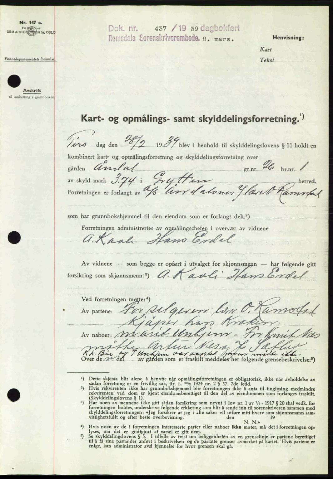 Romsdal sorenskriveri, AV/SAT-A-4149/1/2/2C: Mortgage book no. A6, 1938-1939, Diary no: : 437/1939