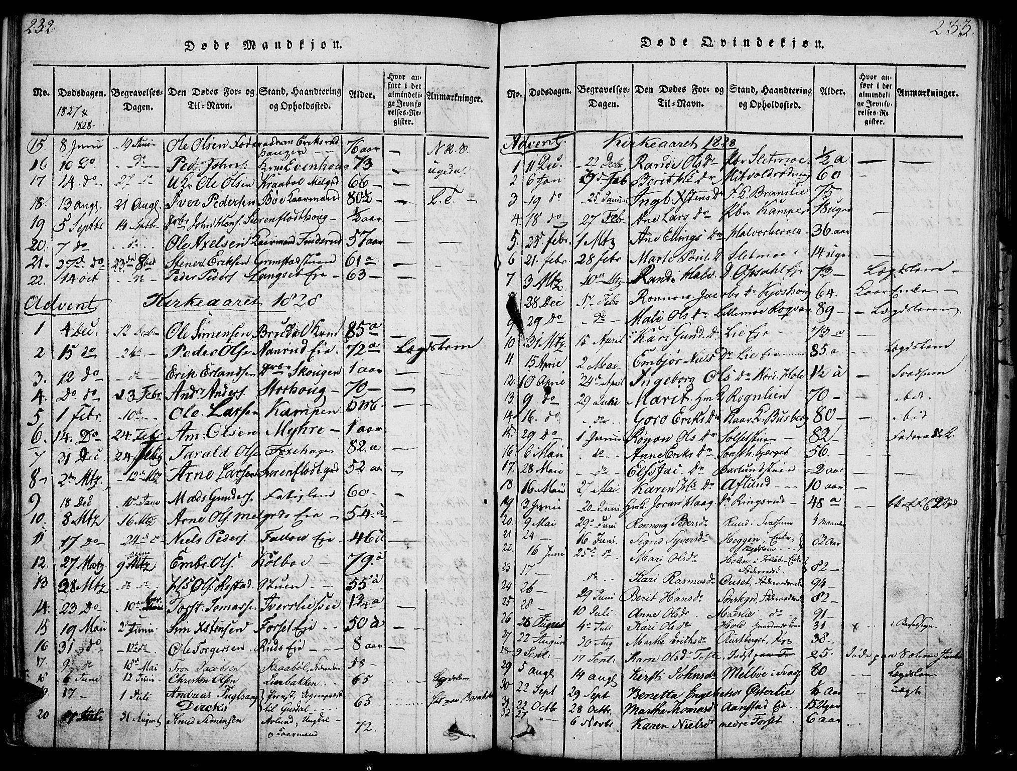 Gausdal prestekontor, SAH/PREST-090/H/Ha/Haa/L0005: Parish register (official) no. 5, 1817-1829, p. 232-233