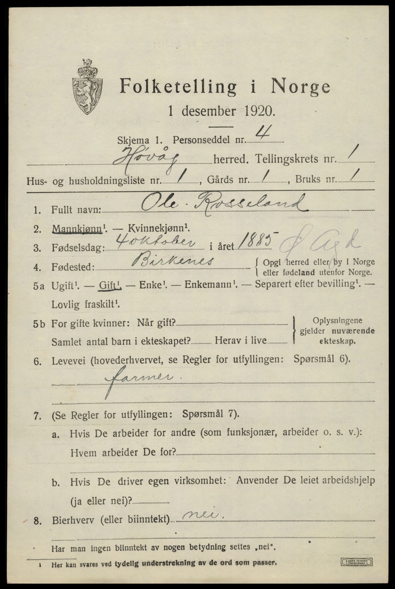 SAK, 1920 census for Høvåg, 1920, p. 886