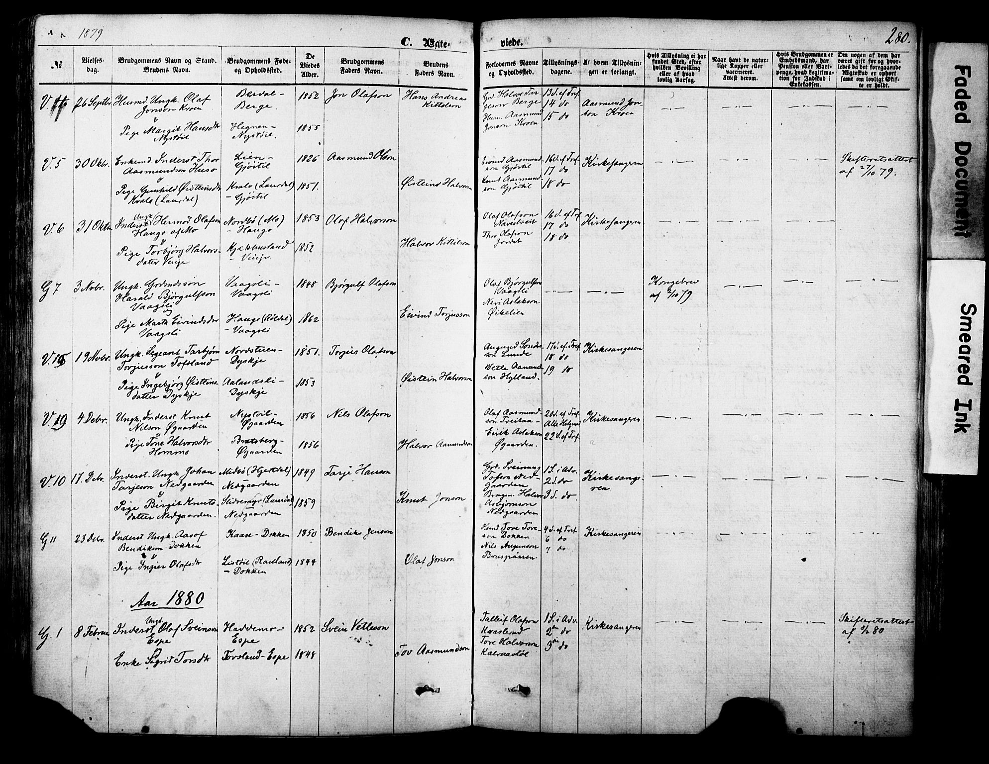 Vinje kirkebøker, SAKO/A-312/F/Fa/L0005: Parish register (official) no. I 5, 1870-1886, p. 280