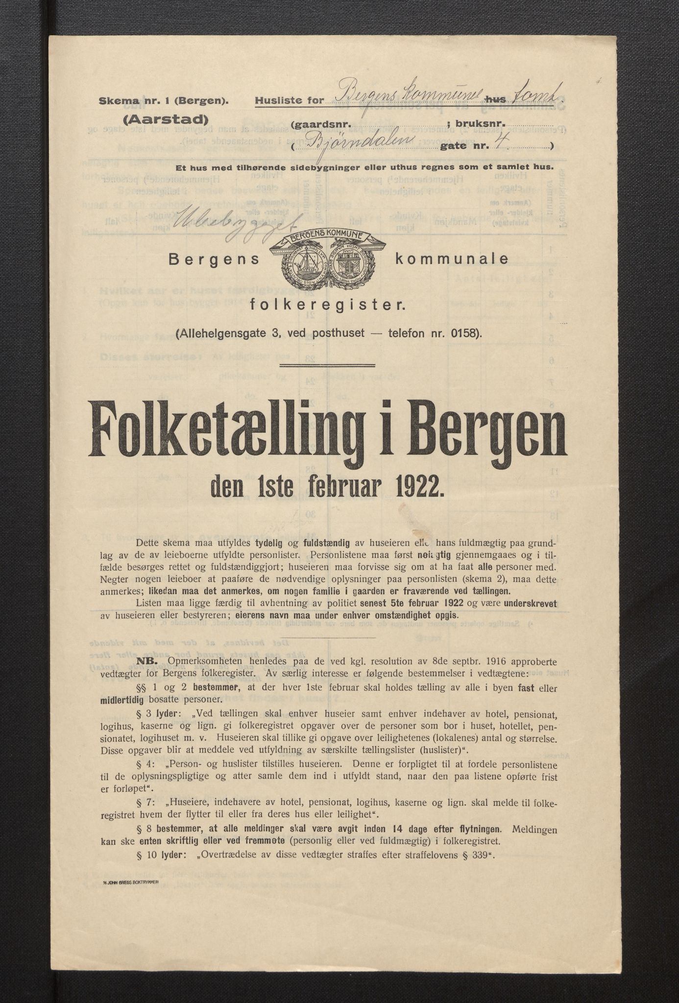 SAB, Municipal Census 1922 for Bergen, 1922, p. 50859