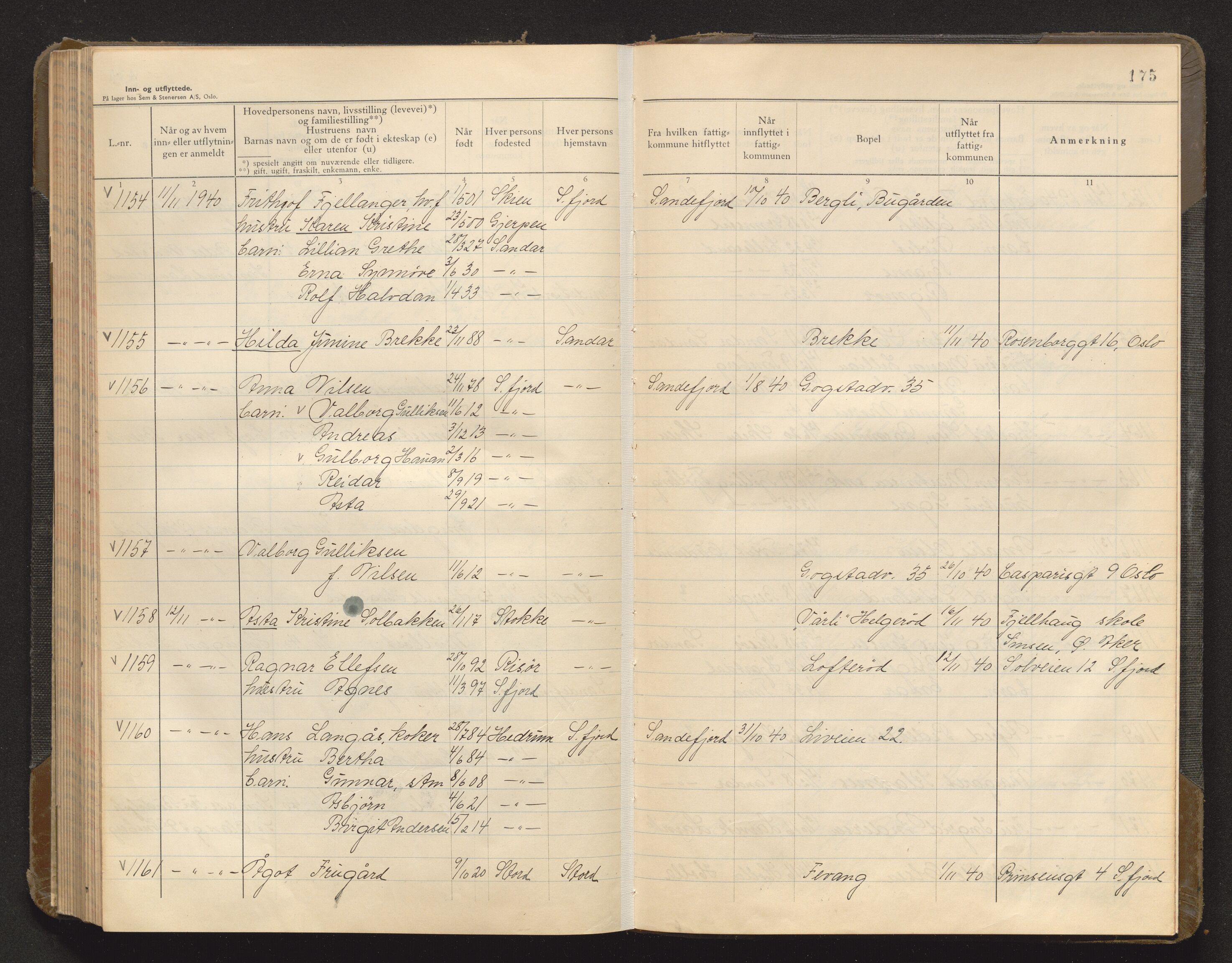 Sandar lensmannskontor, AV/SAKO-A-545/O/Oa/L0012: Protokoll over inn- og utflyttede, 1939-1940, p. 174b-175a