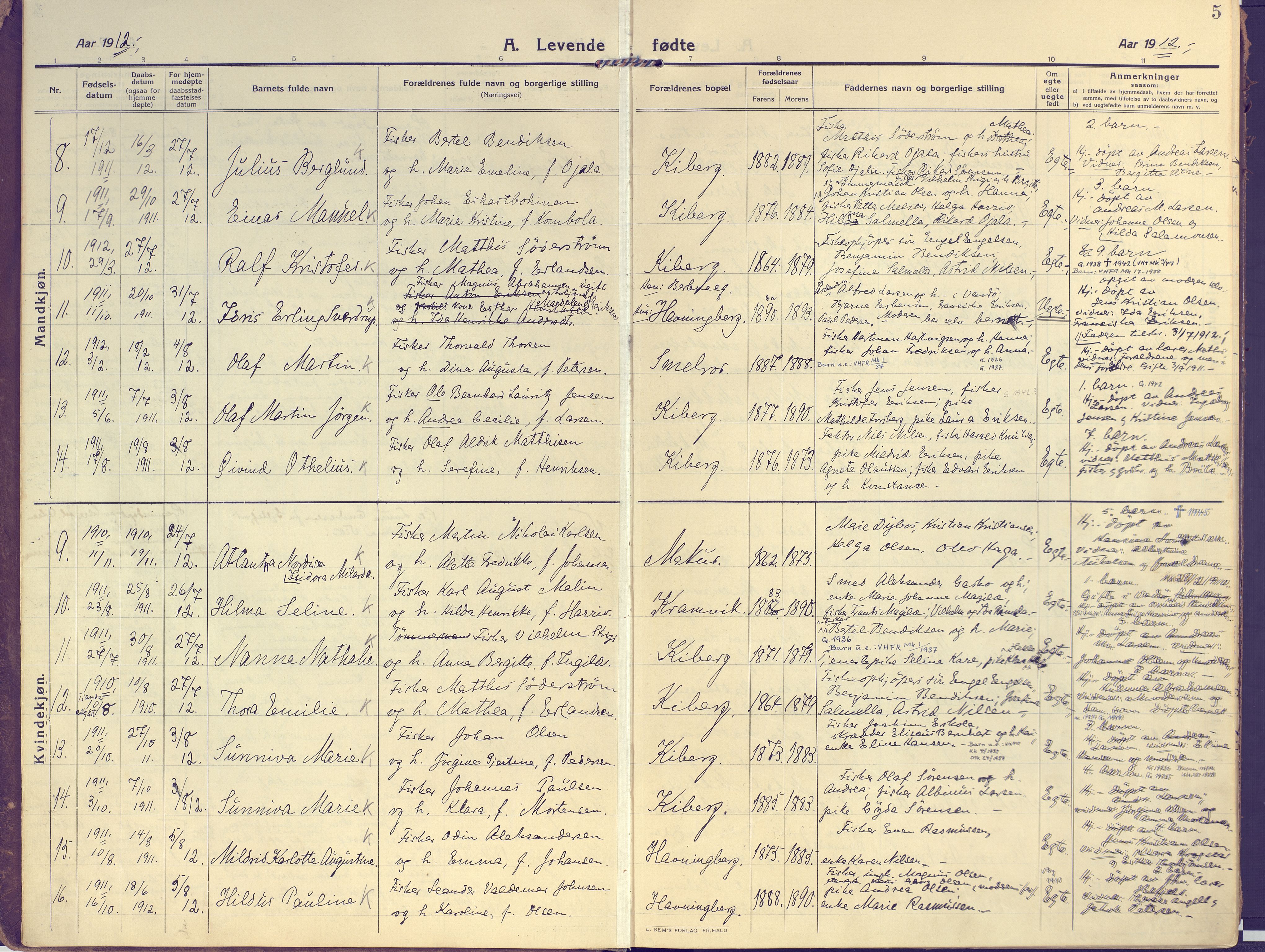 Vardø sokneprestkontor, AV/SATØ-S-1332/H/Ha/L0013kirke: Parish register (official) no. 13, 1912-1928, p. 5