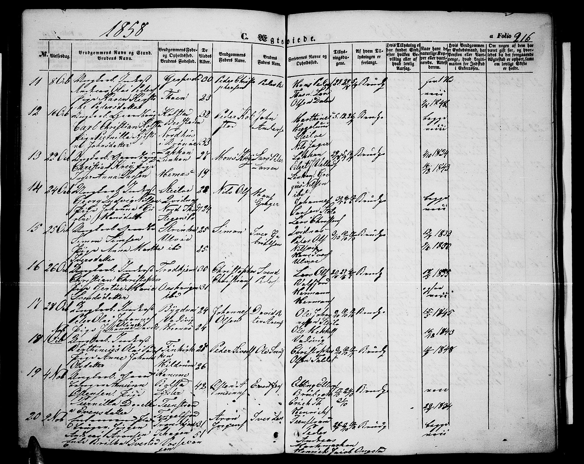 Ministerialprotokoller, klokkerbøker og fødselsregistre - Nordland, AV/SAT-A-1459/888/L1265: Parish register (copy) no. 888C03, 1850-1863, p. 216