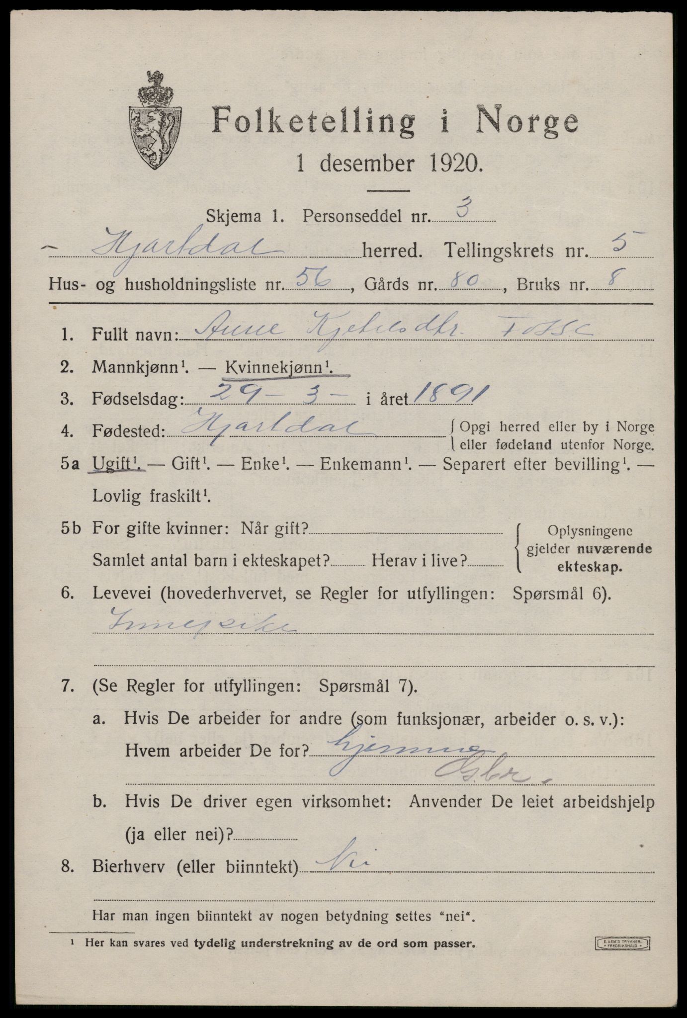 SAKO, 1920 census for Hjartdal, 1920, p. 4020