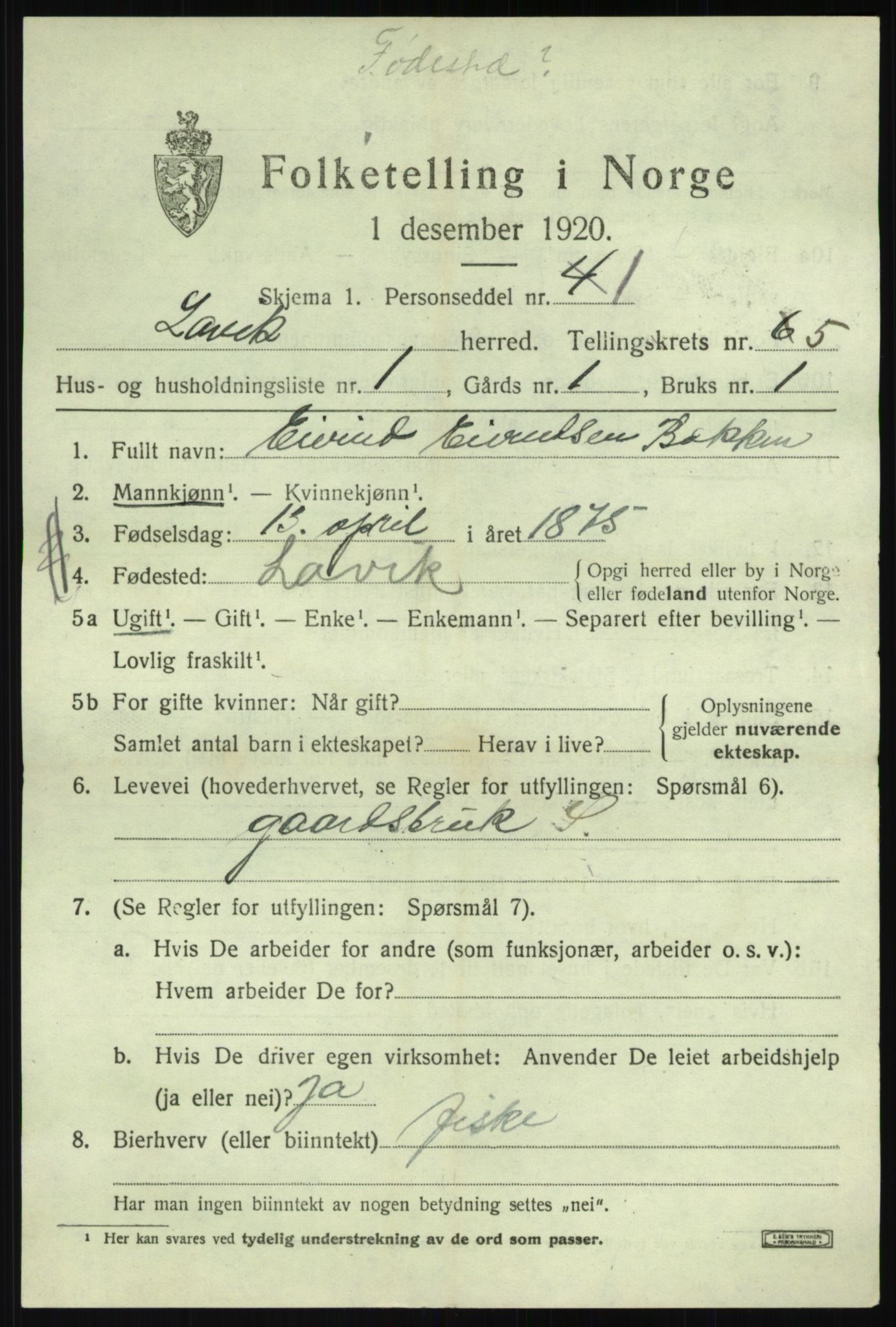SAB, 1920 census for Lavik, 1920, p. 928