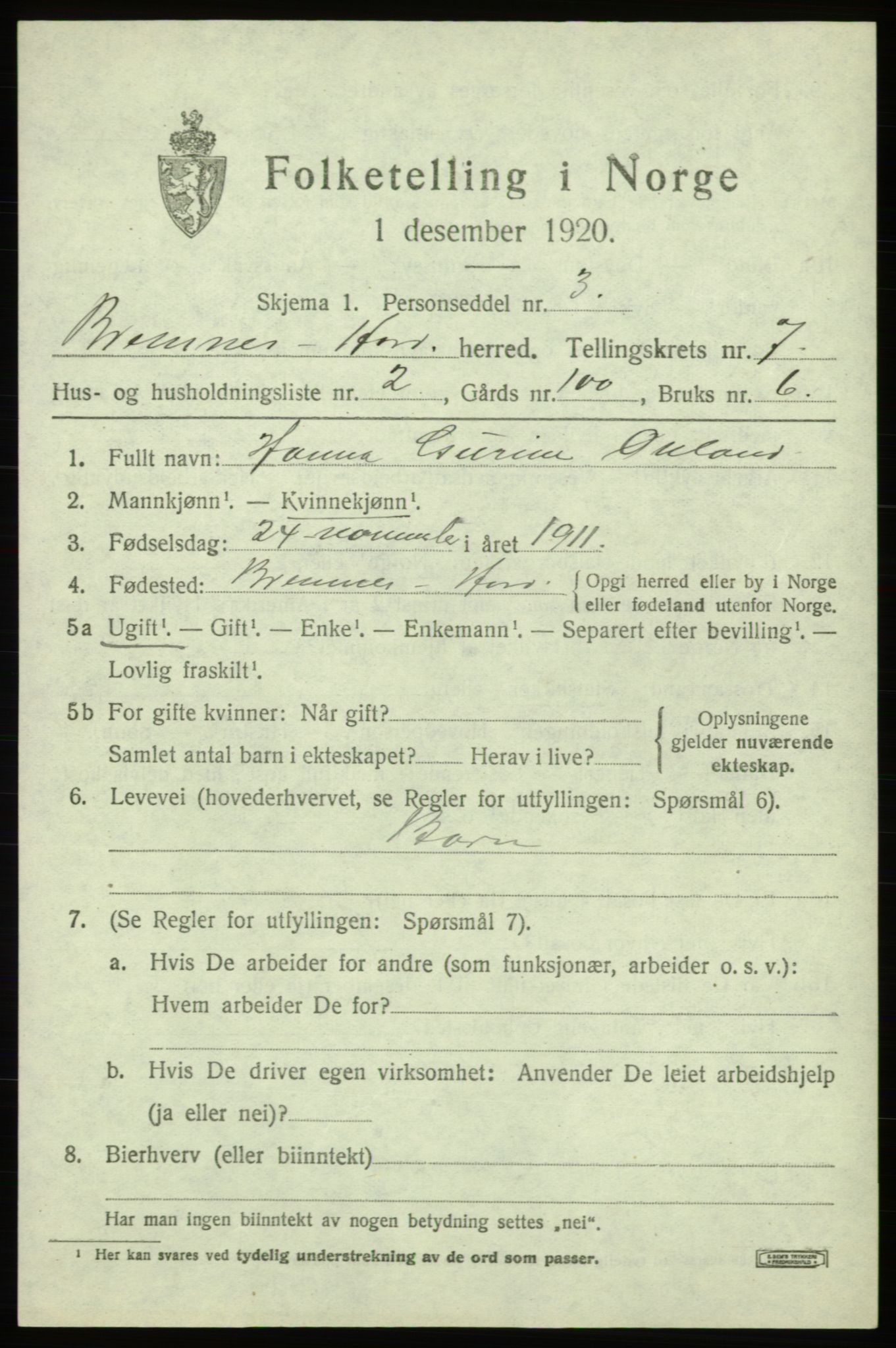 SAB, 1920 census for Bremnes, 1920, p. 4032