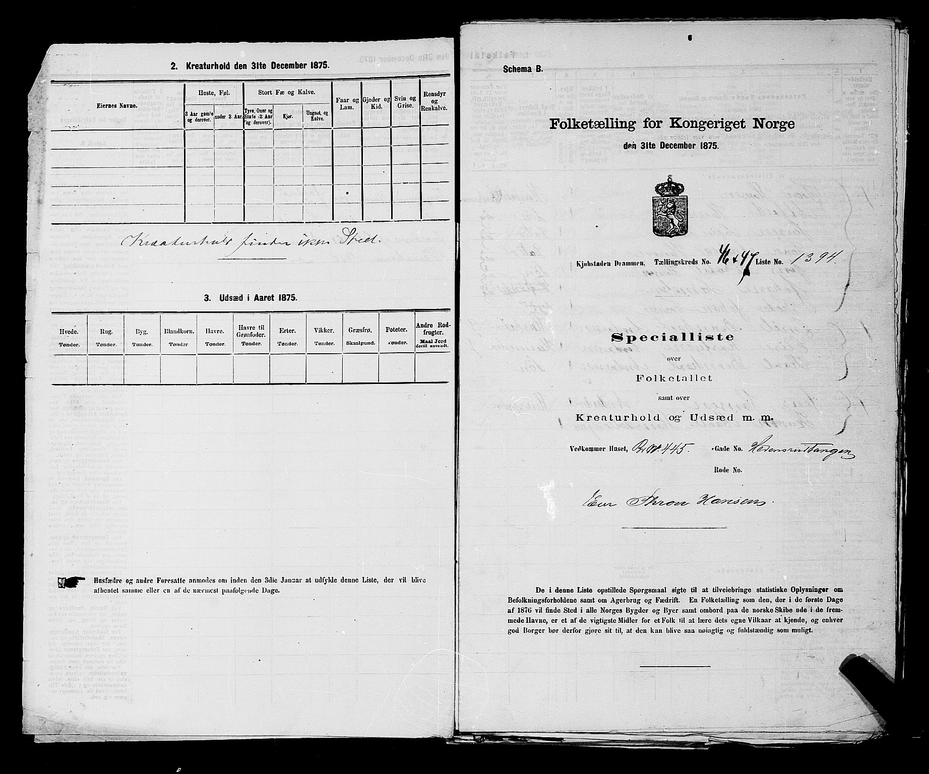 SAKO, 1875 census for 0602 Drammen, 1875, p. 3758
