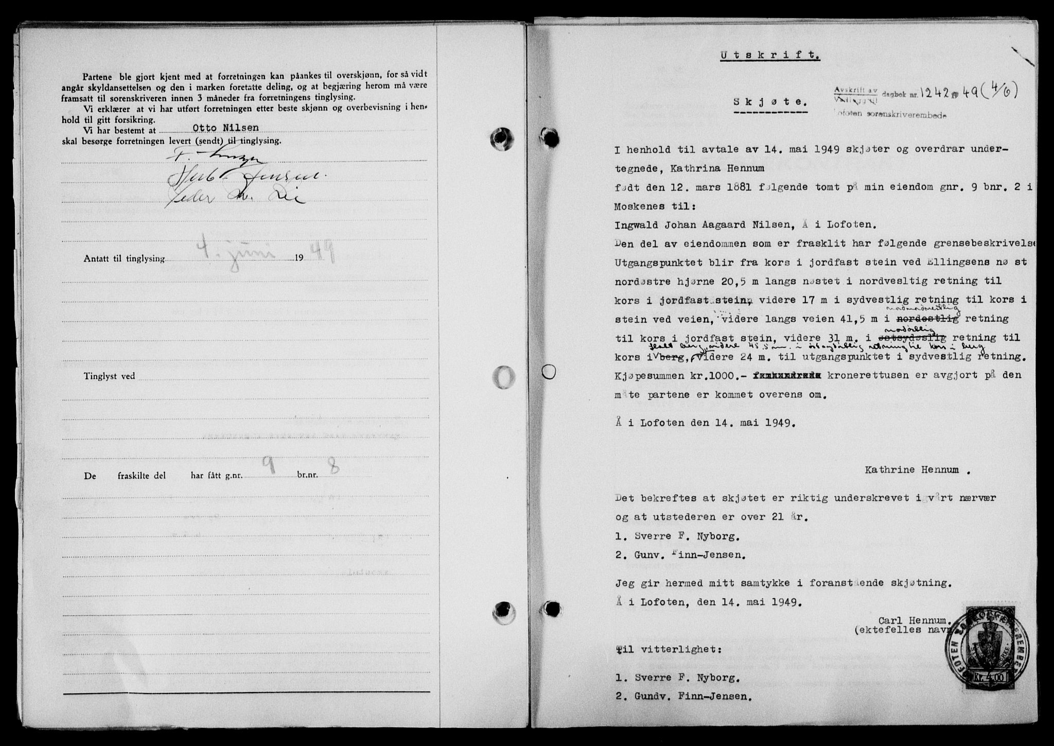 Lofoten sorenskriveri, SAT/A-0017/1/2/2C/L0021a: Mortgage book no. 21a, 1949-1949, Diary no: : 1242/1949
