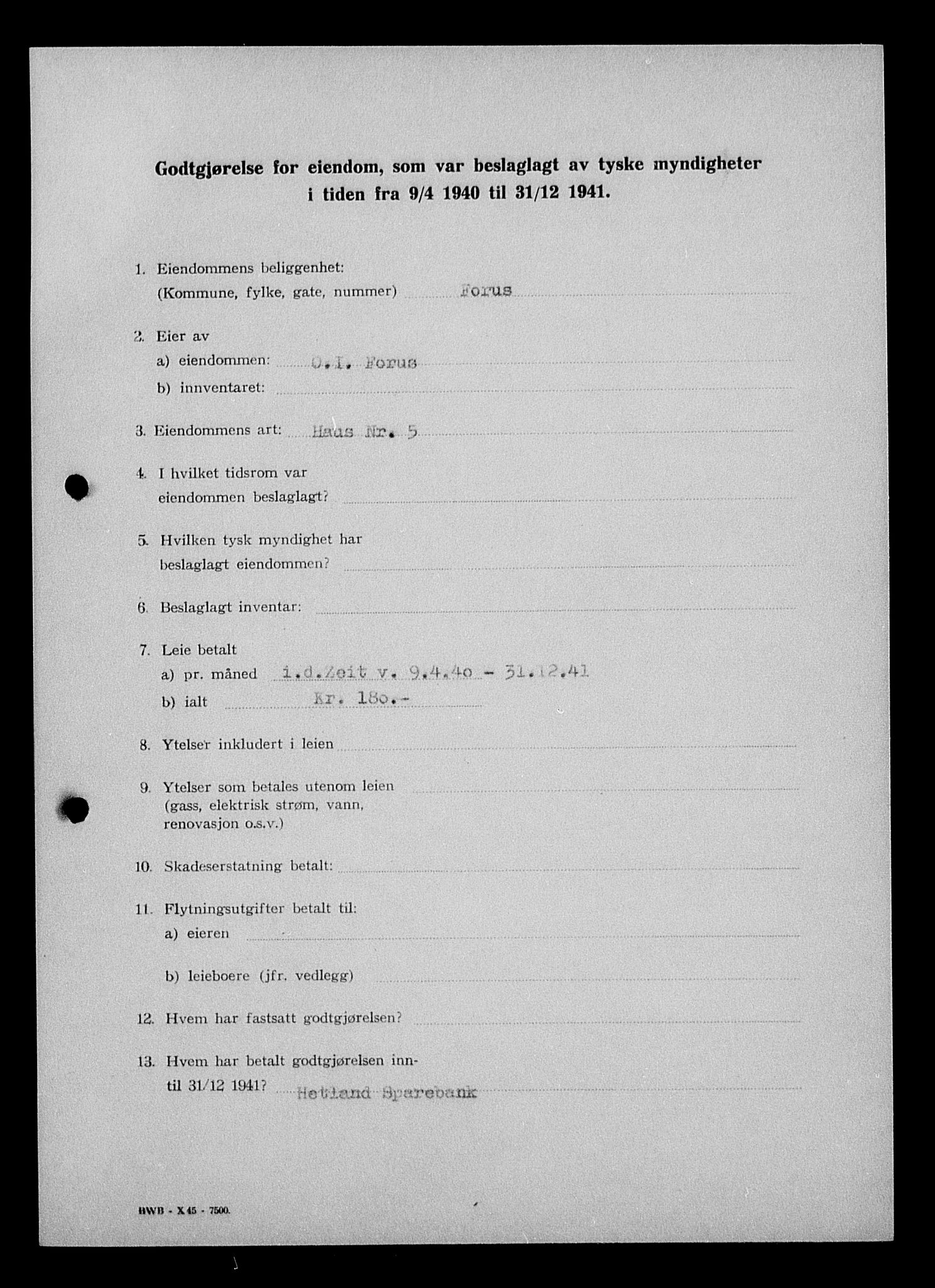 Justisdepartementet, Tilbakeføringskontoret for inndratte formuer, AV/RA-S-1564/I/L1015: Godtgjørelse for beslaglagt eiendom, 1940-1941, p. 454