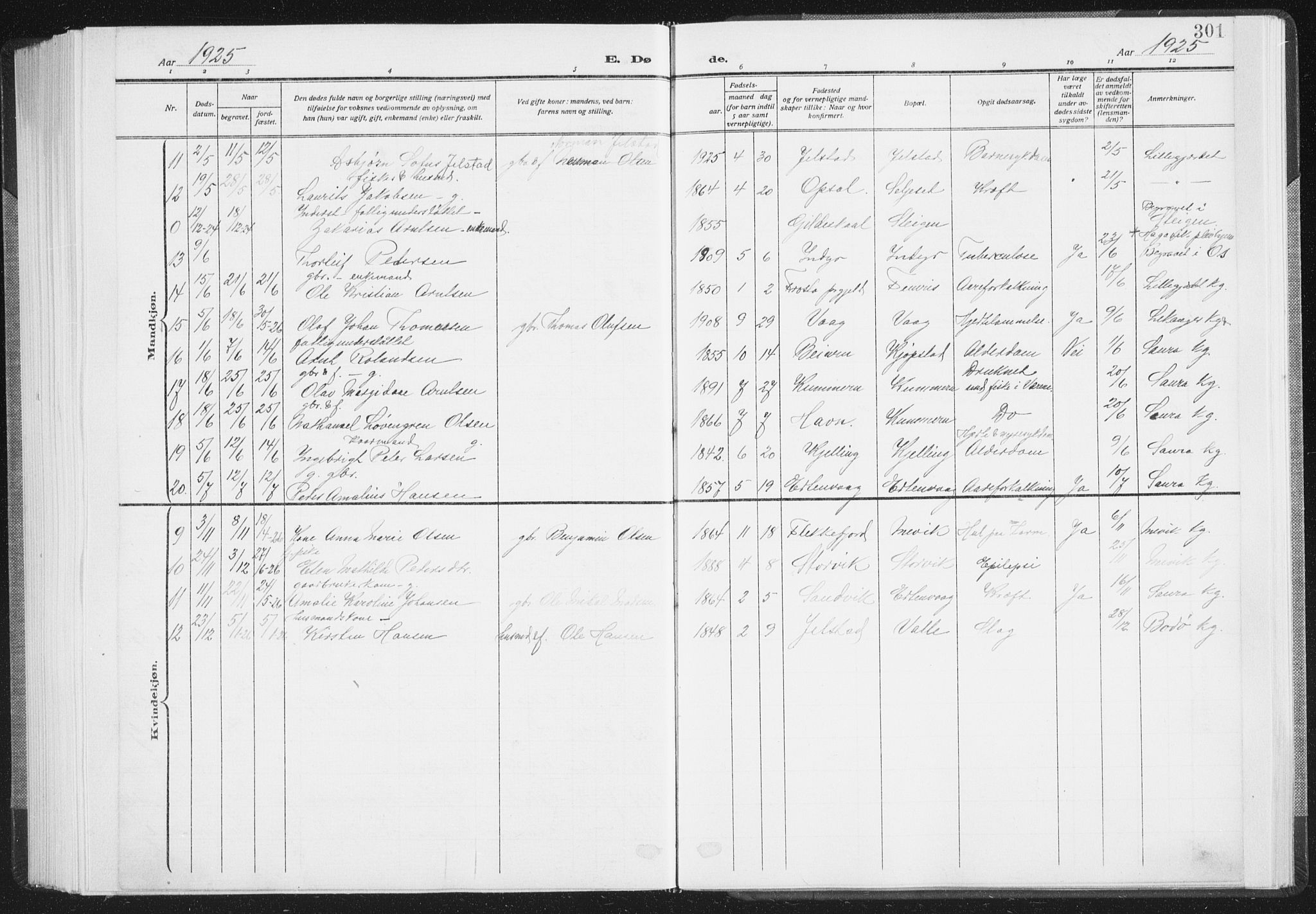 Ministerialprotokoller, klokkerbøker og fødselsregistre - Nordland, AV/SAT-A-1459/805/L0104: Parish register (official) no. 805A09, 1909-1926, p. 301