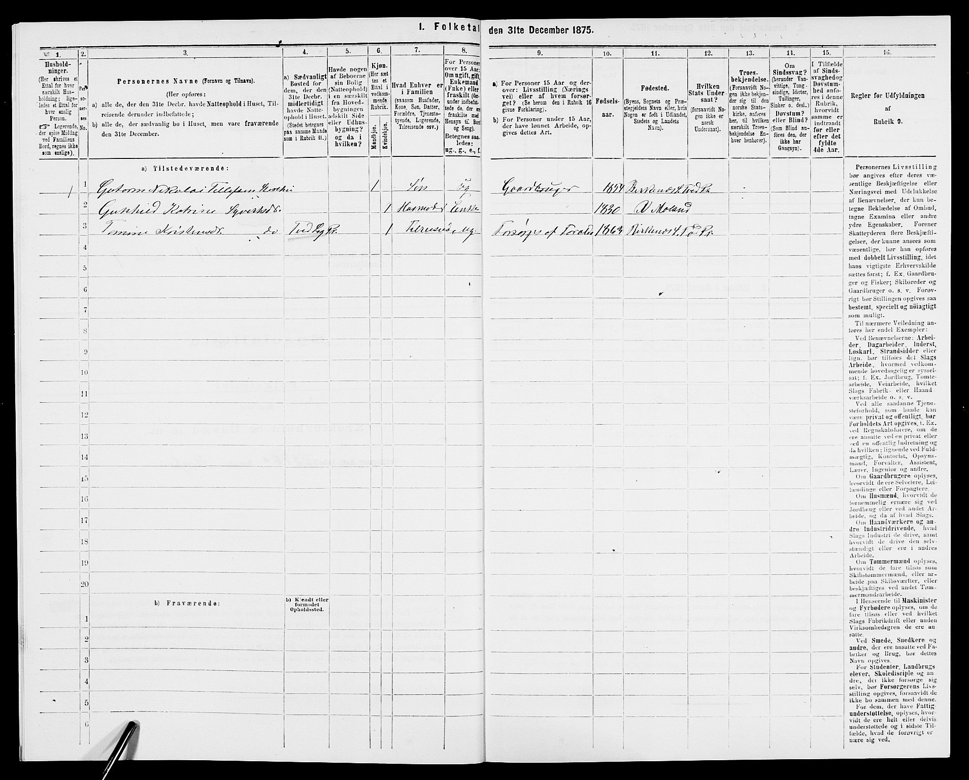 SAK, 1875 census for 0926L Vestre Moland/Vestre Moland, 1875, p. 563