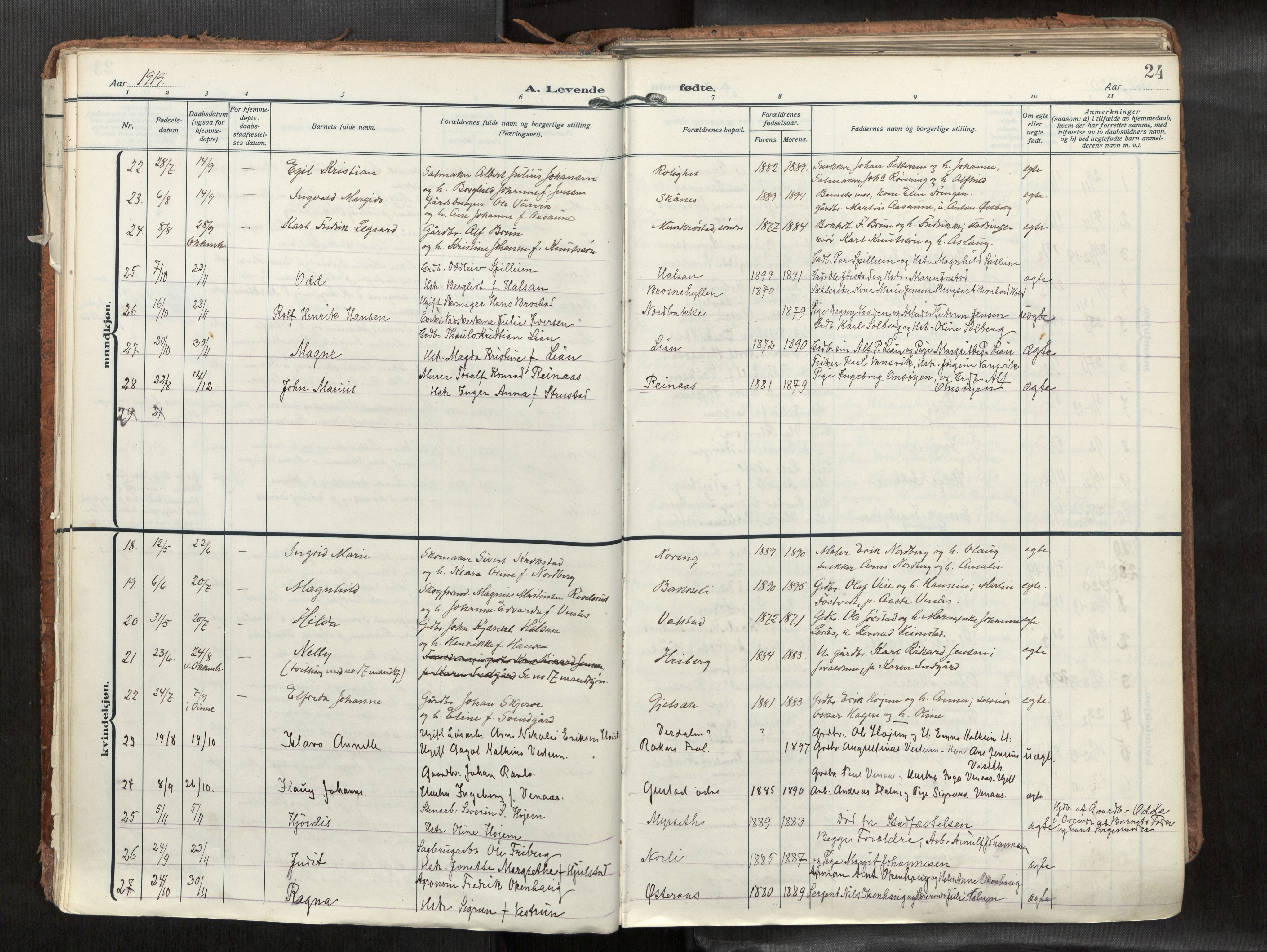 Levanger sokneprestkontor, SAT/A-1301/2/H/Haa/L0002: Parish register (official) no. 2, 1912-1935, p. 24