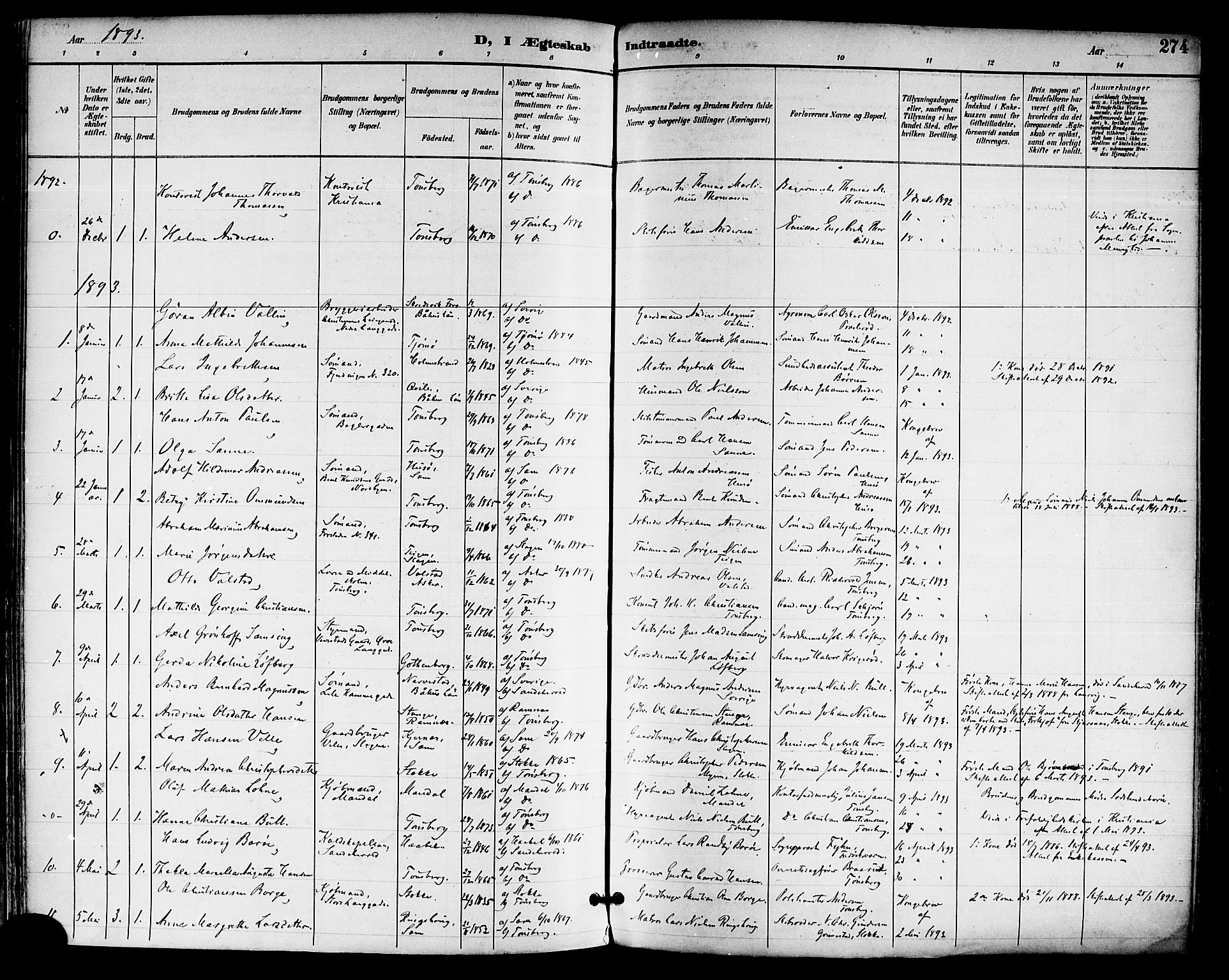 Tønsberg kirkebøker, SAKO/A-330/F/Fa/L0012: Parish register (official) no. I 12, 1891-1899, p. 274