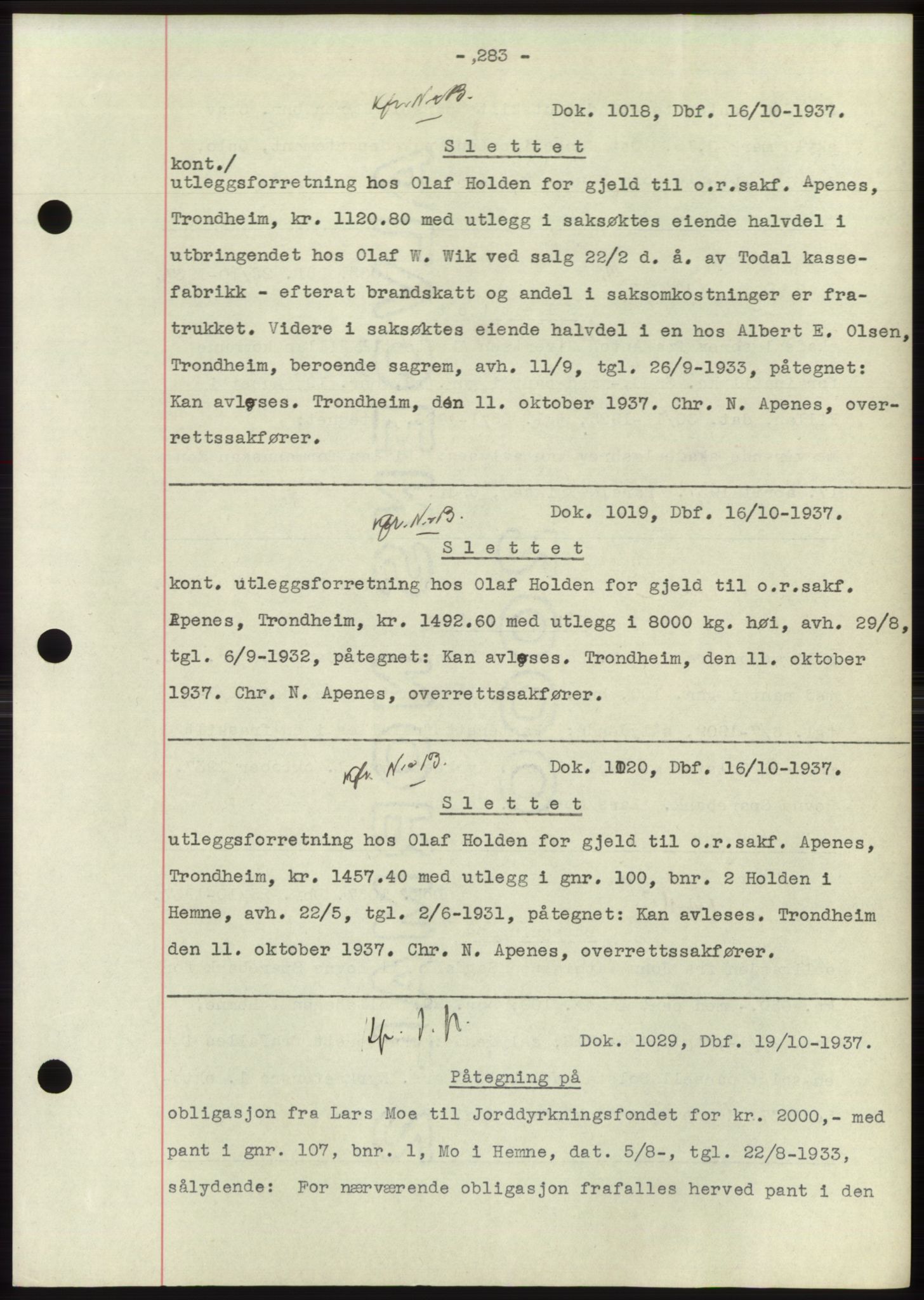 Hitra sorenskriveri, AV/SAT-A-0018/2/2C/2Ca: Mortgage book no. C1, 1936-1945, Diary no: : 1018/1937