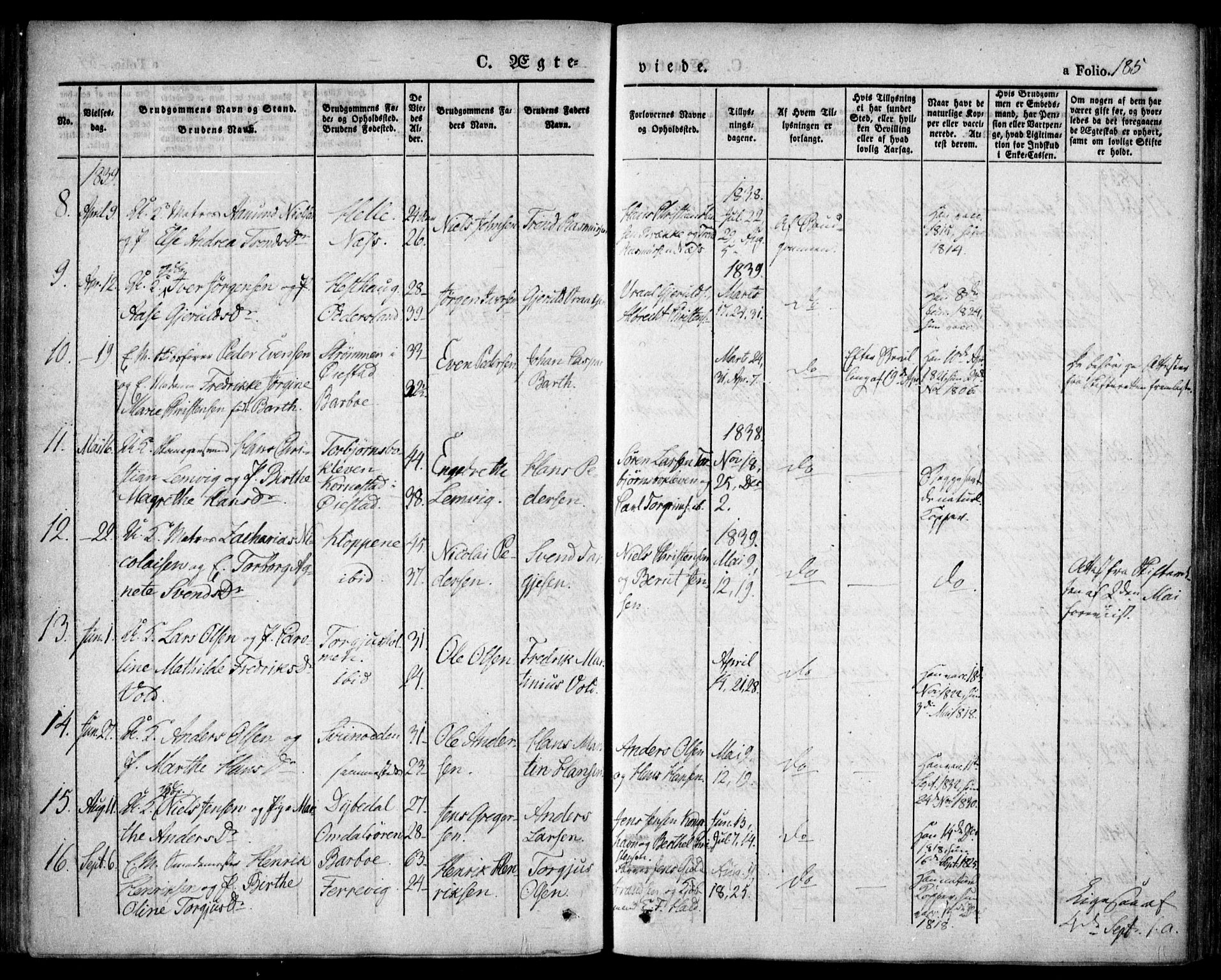 Tromøy sokneprestkontor, SAK/1111-0041/F/Fa/L0004: Parish register (official) no. A 4, 1837-1846, p. 185