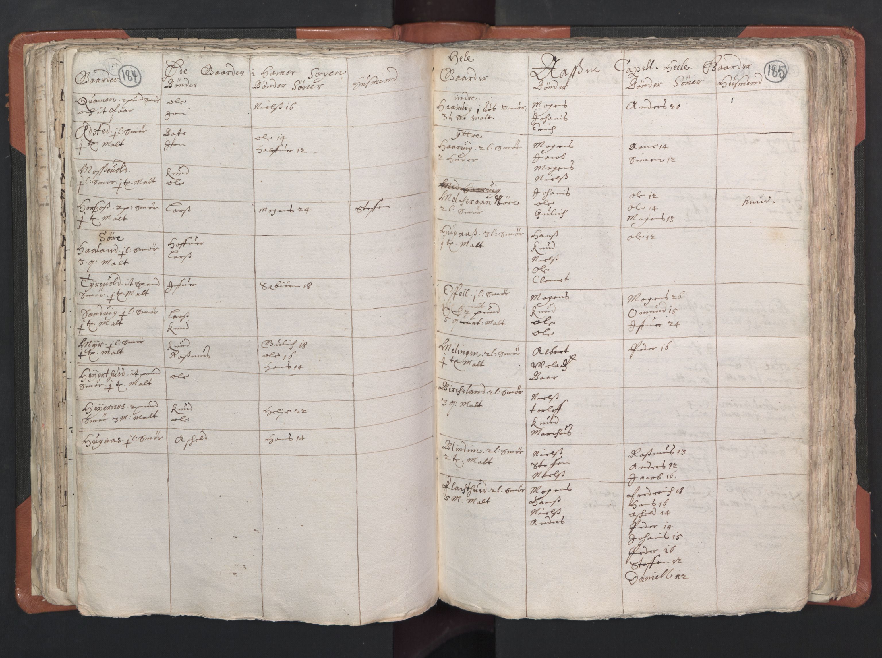 RA, Vicar's Census 1664-1666, no. 22: Nordhordland deanery, 1664-1666, p. 184-185