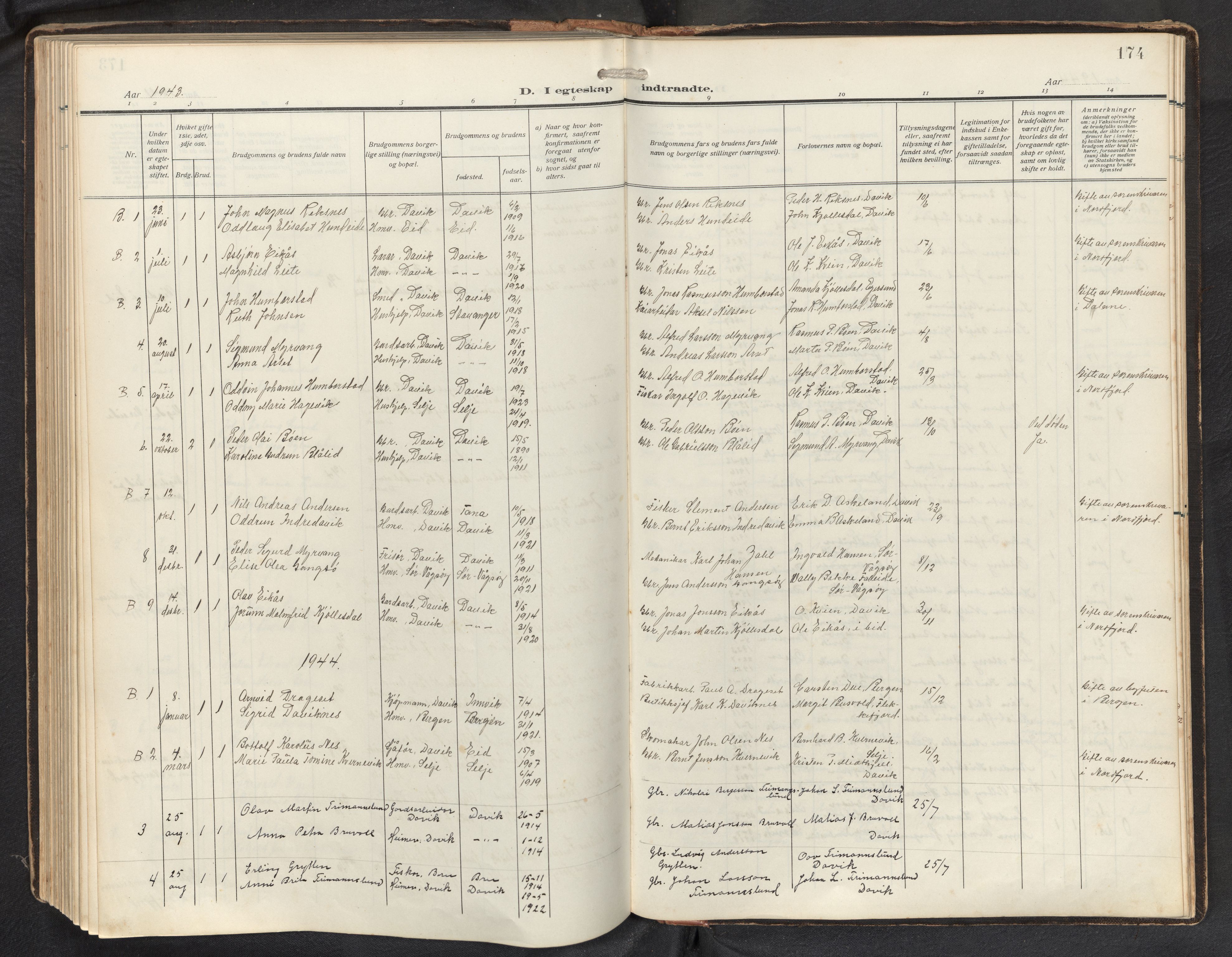 Davik sokneprestembete, AV/SAB-A-79701/H/Hab/Haba/L0003: Parish register (copy) no. A 3, 1912-1947, p. 173b-174a