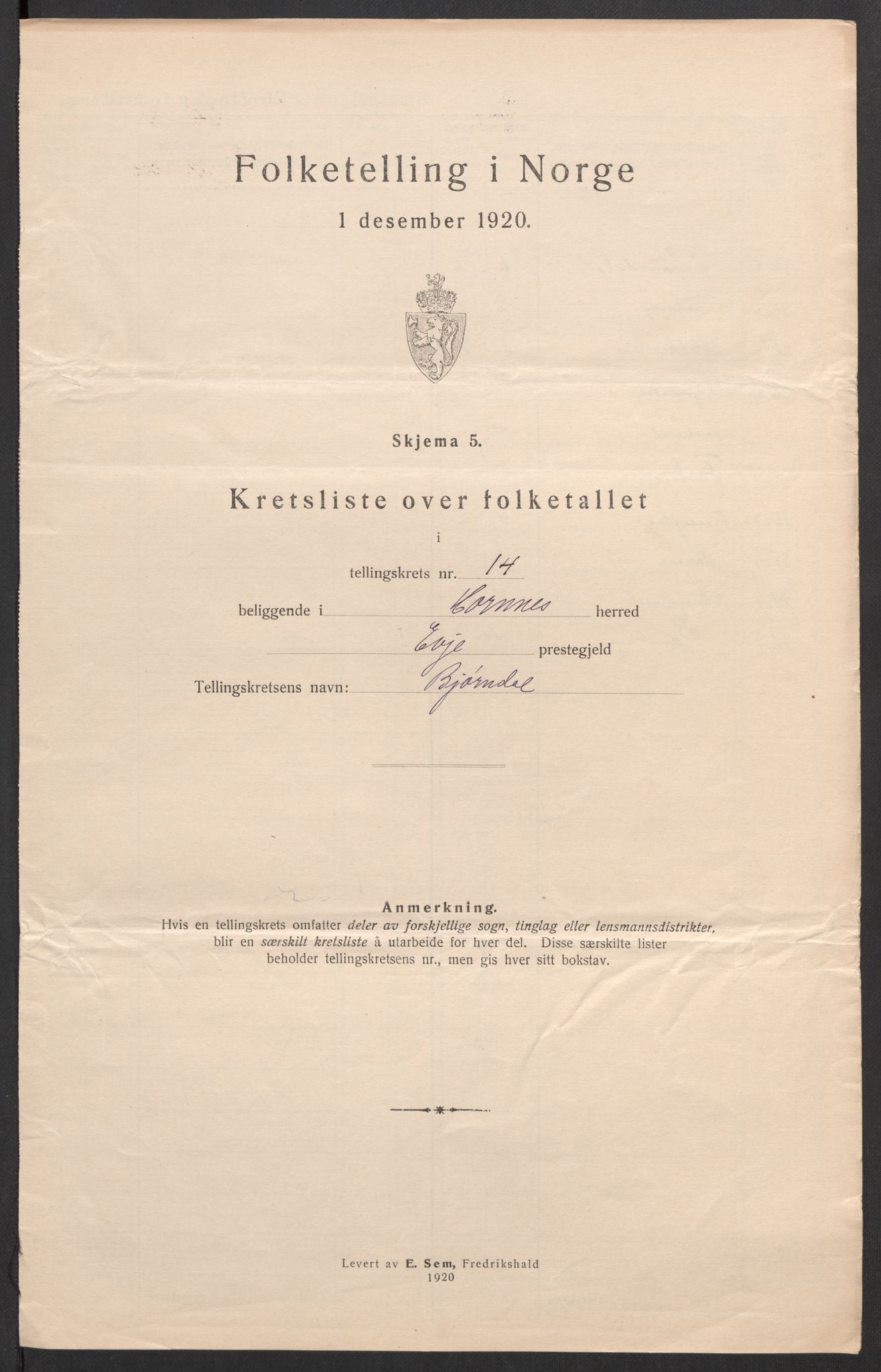 SAK, 1920 census for Hornnes, 1920, p. 50