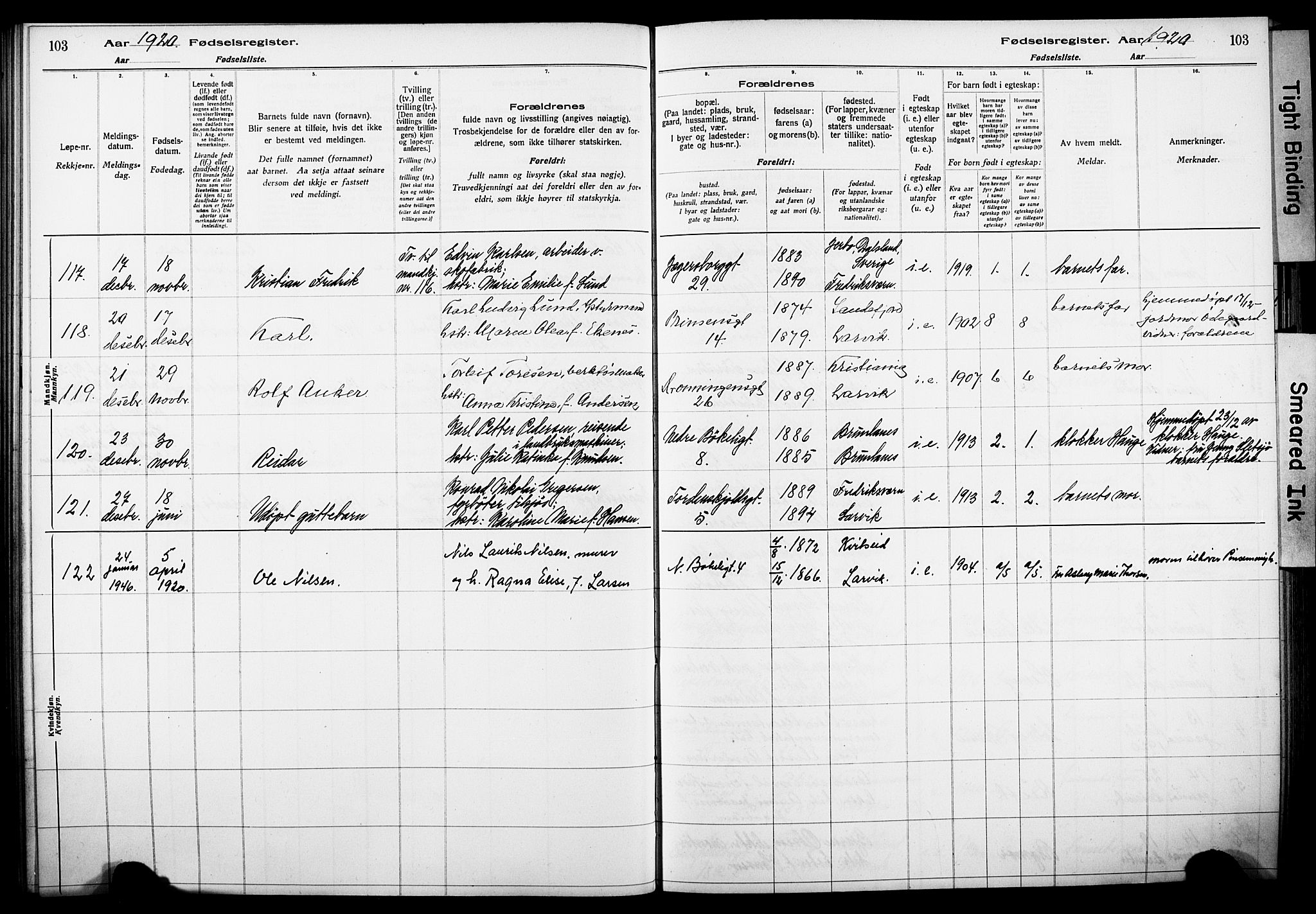 Larvik kirkebøker, AV/SAKO-A-352/J/Ja/L0001: Birth register no. I 1, 1916-1926, p. 103