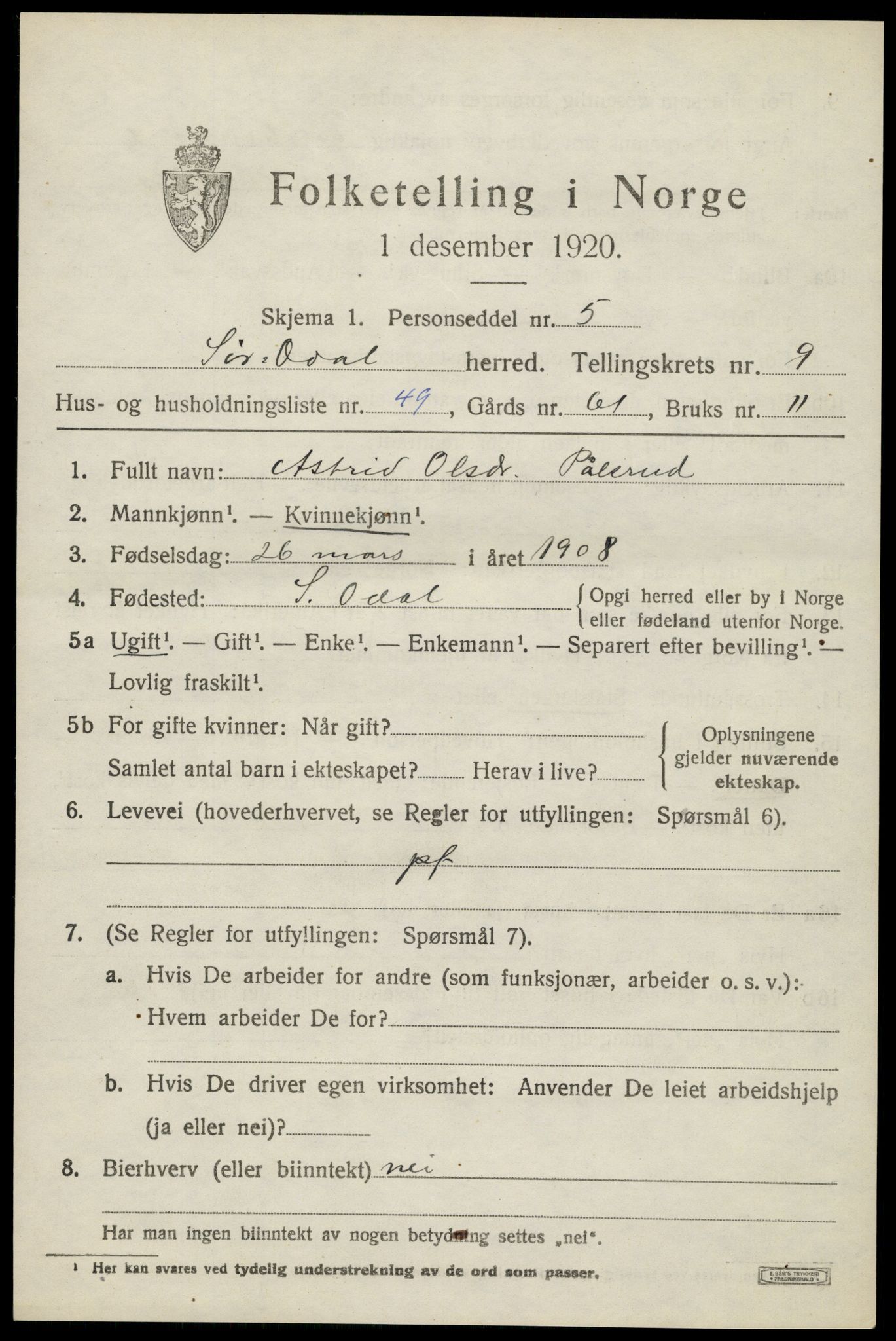 SAH, 1920 census for Sør-Odal, 1920, p. 11041