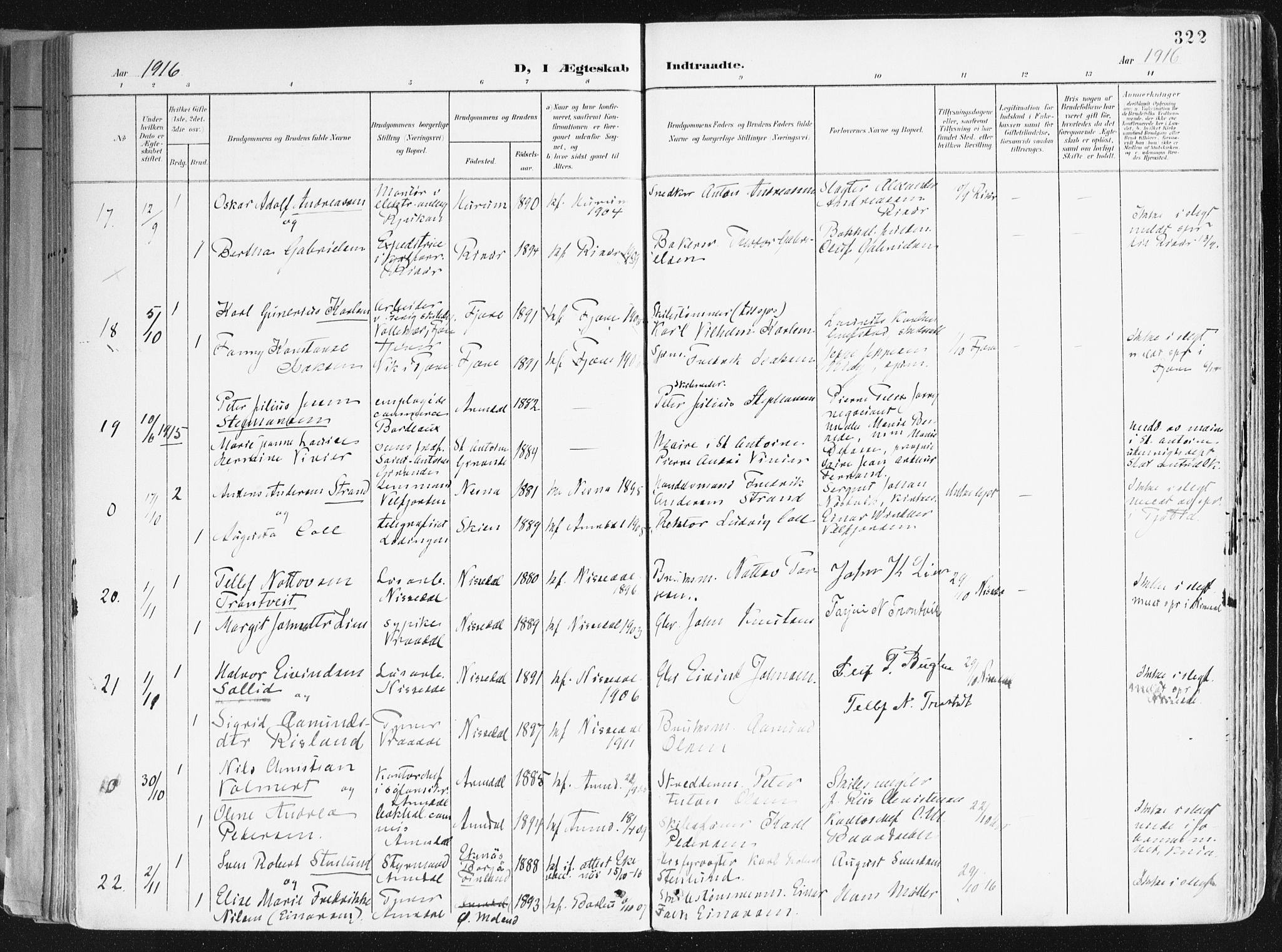 Arendal sokneprestkontor, Trefoldighet, AV/SAK-1111-0040/F/Fa/L0010: Parish register (official) no. A 10, 1900-1919, p. 322