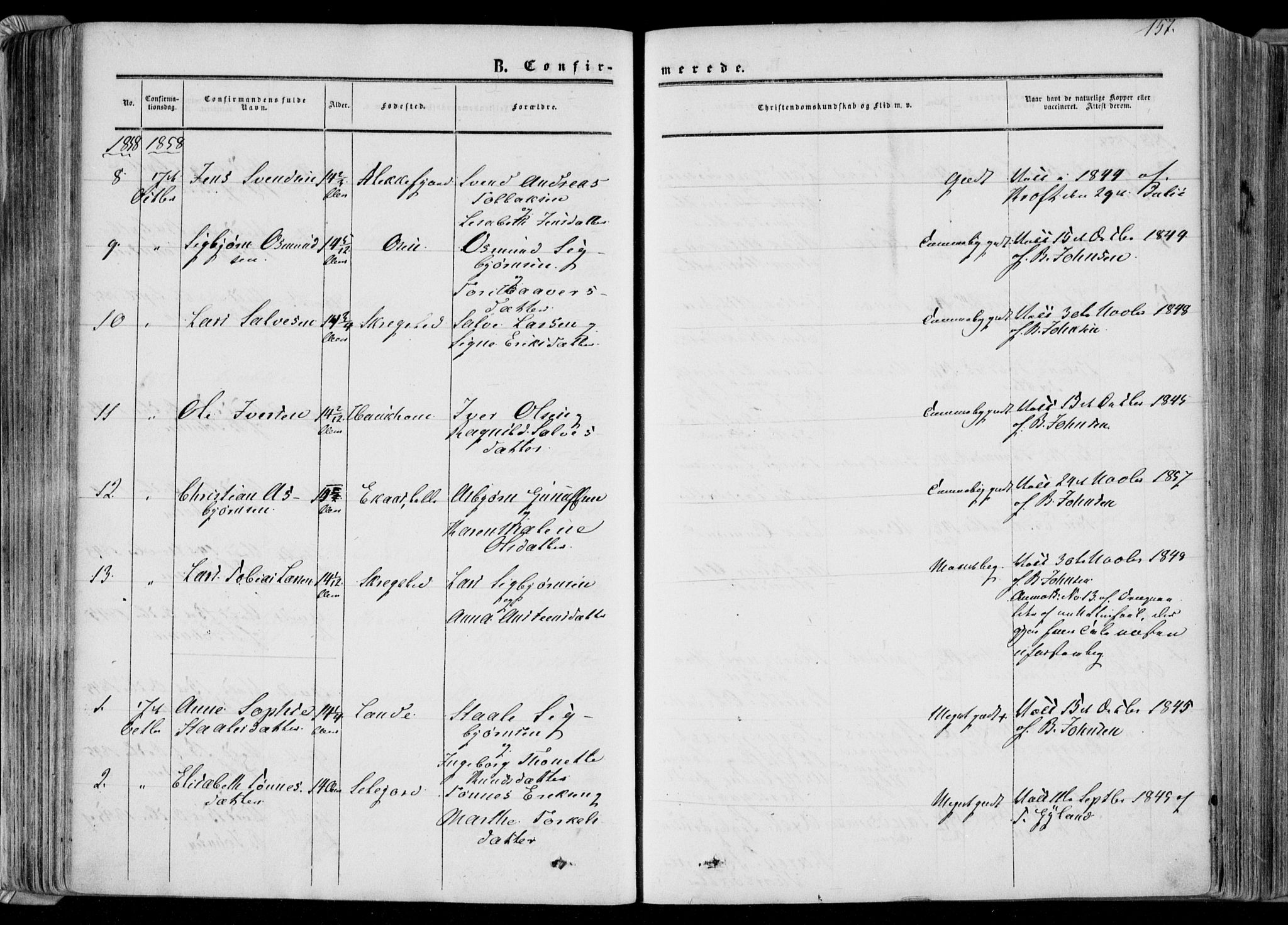 Bakke sokneprestkontor, AV/SAK-1111-0002/F/Fa/Faa/L0006: Parish register (official) no. A 6, 1855-1877, p. 157