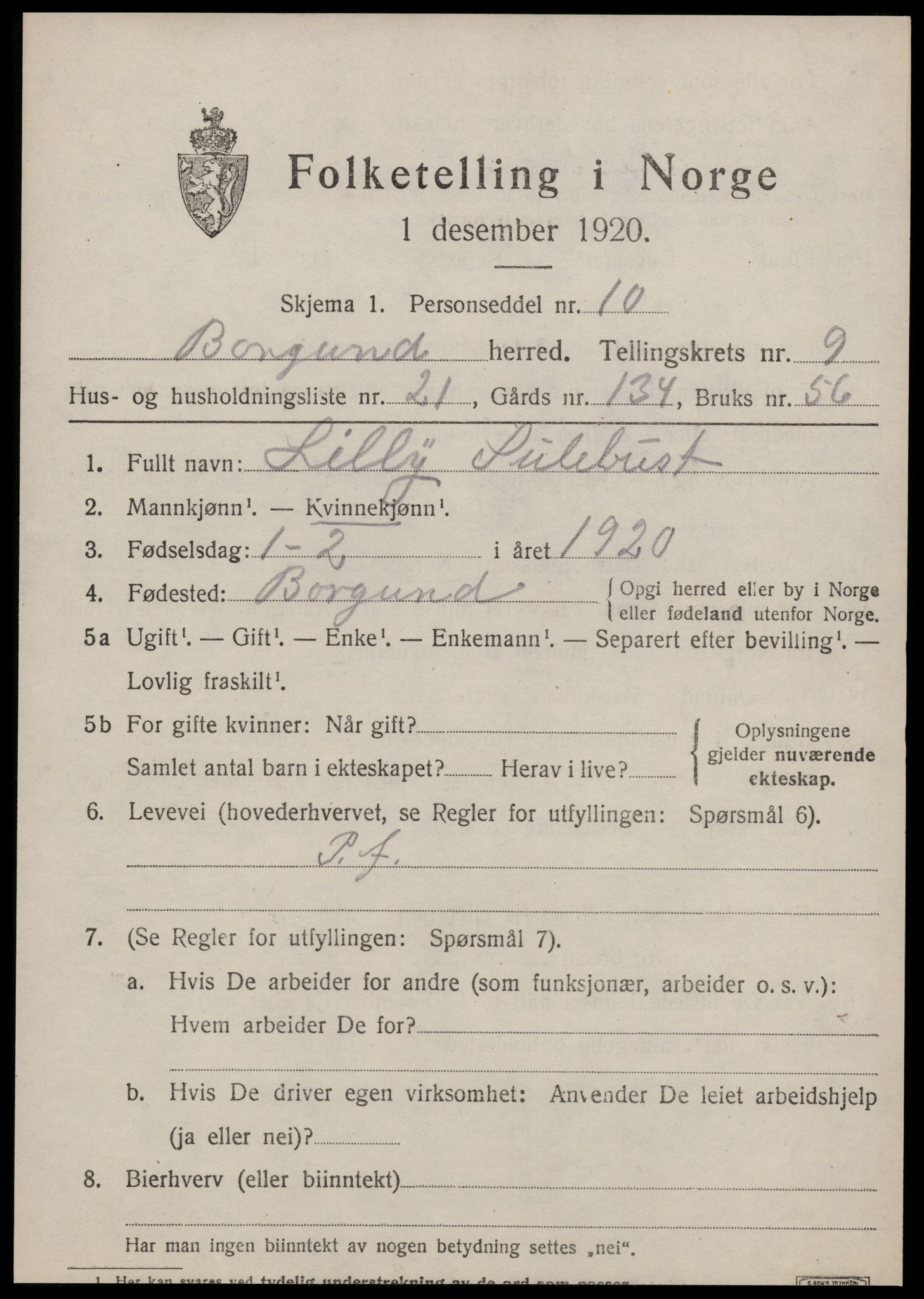 SAT, 1920 census for Borgund, 1920, p. 8434