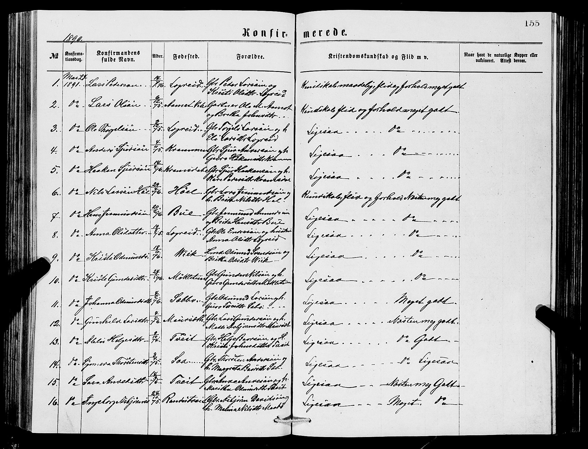 Ullensvang sokneprestembete, SAB/A-78701/H/Hab: Parish register (copy) no. C 2, 1871-1899, p. 155