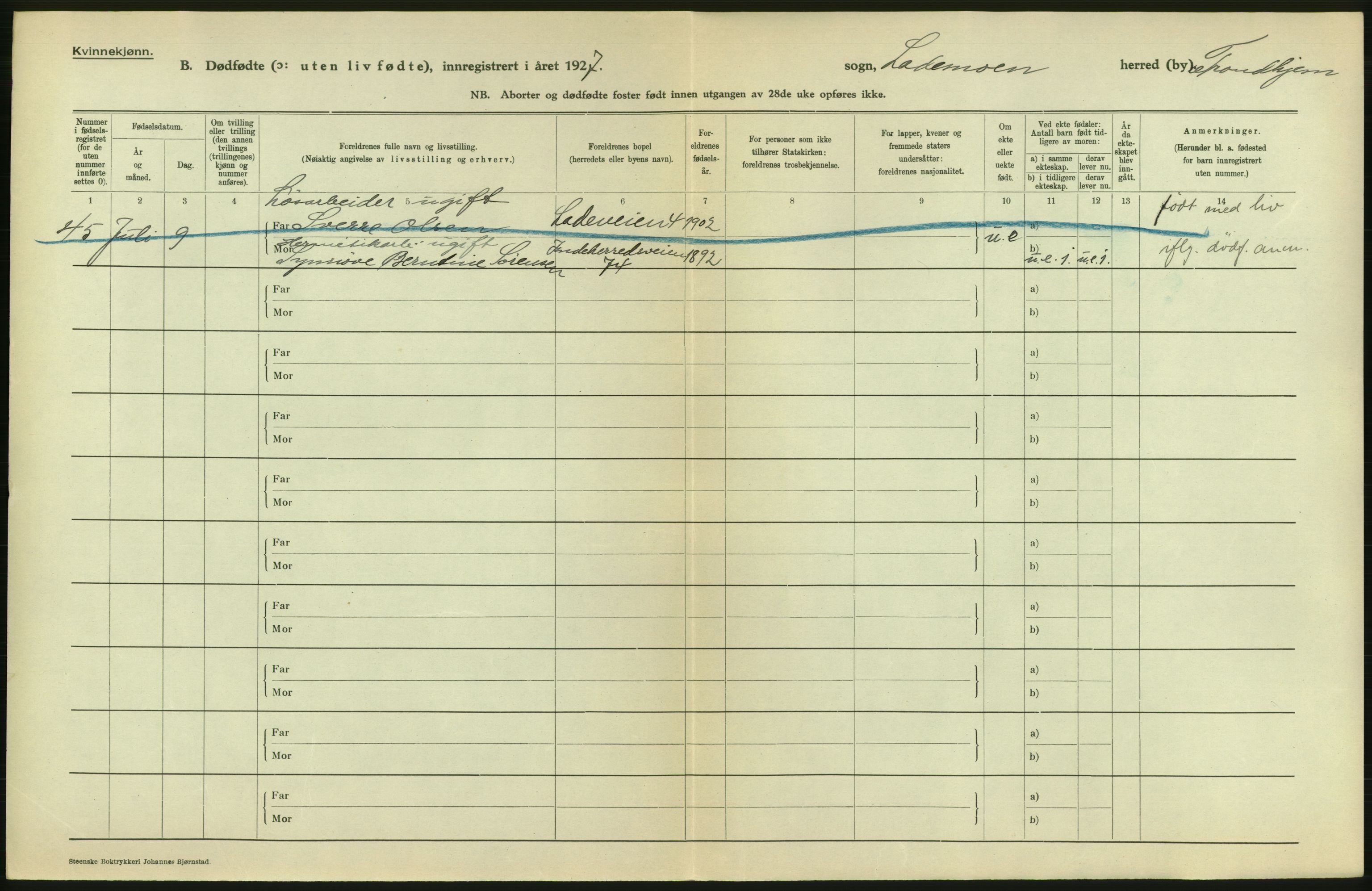 Statistisk sentralbyrå, Sosiodemografiske emner, Befolkning, AV/RA-S-2228/D/Df/Dfc/Dfcg/L0037: Trondheim: Levendefødte menn og kvinner, gifte, døde, dødfødte., 1927, p. 562