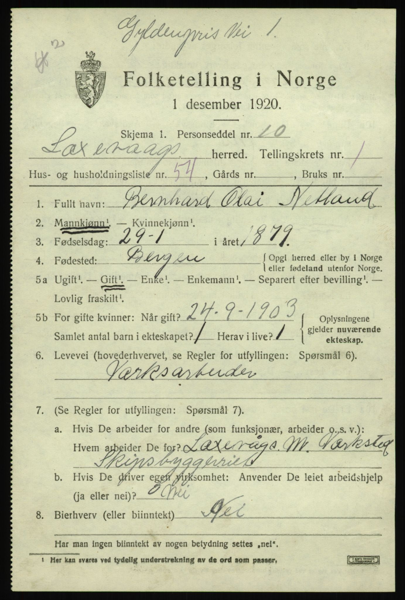 SAB, 1920 census for Laksevåg, 1920, p. 3786