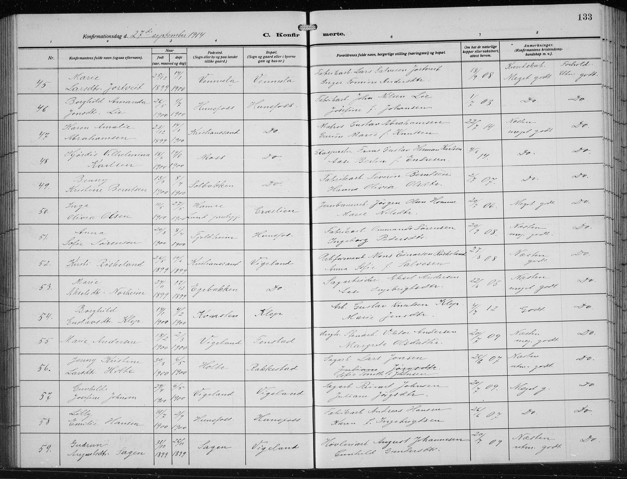 Vennesla sokneprestkontor, SAK/1111-0045/Fb/Fbb/L0006: Parish register (copy) no. B 6, 1914-1921, p. 133