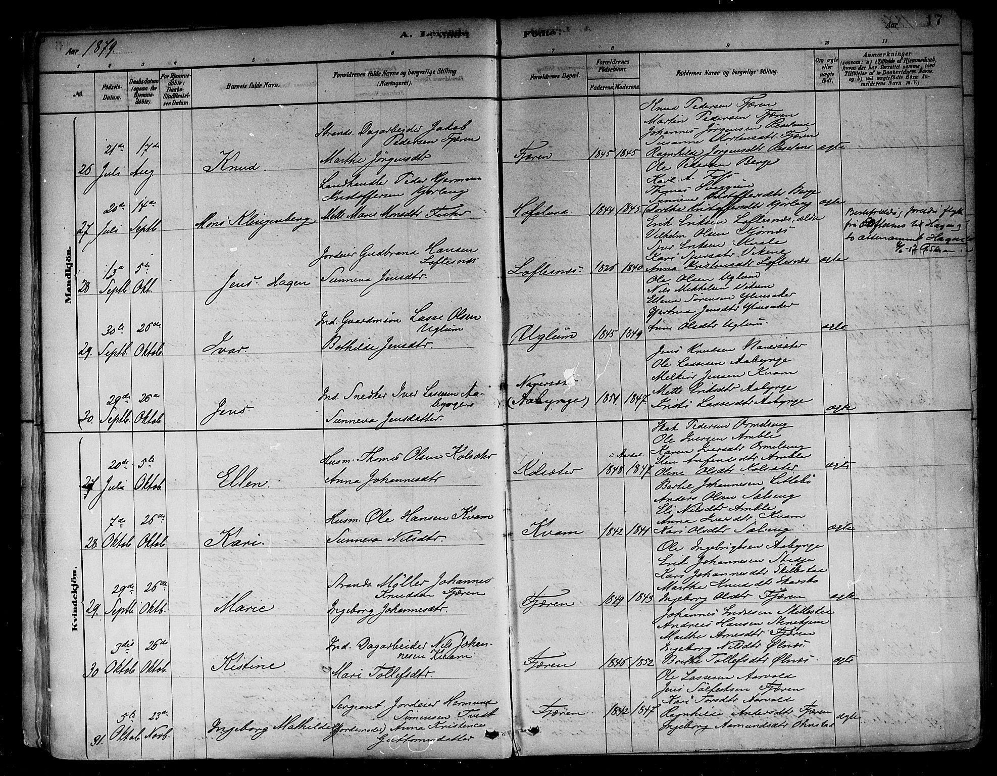 Sogndal sokneprestembete, AV/SAB-A-81301/H/Haa/Haab/L0001: Parish register (official) no. B 1, 1878-1899, p. 17