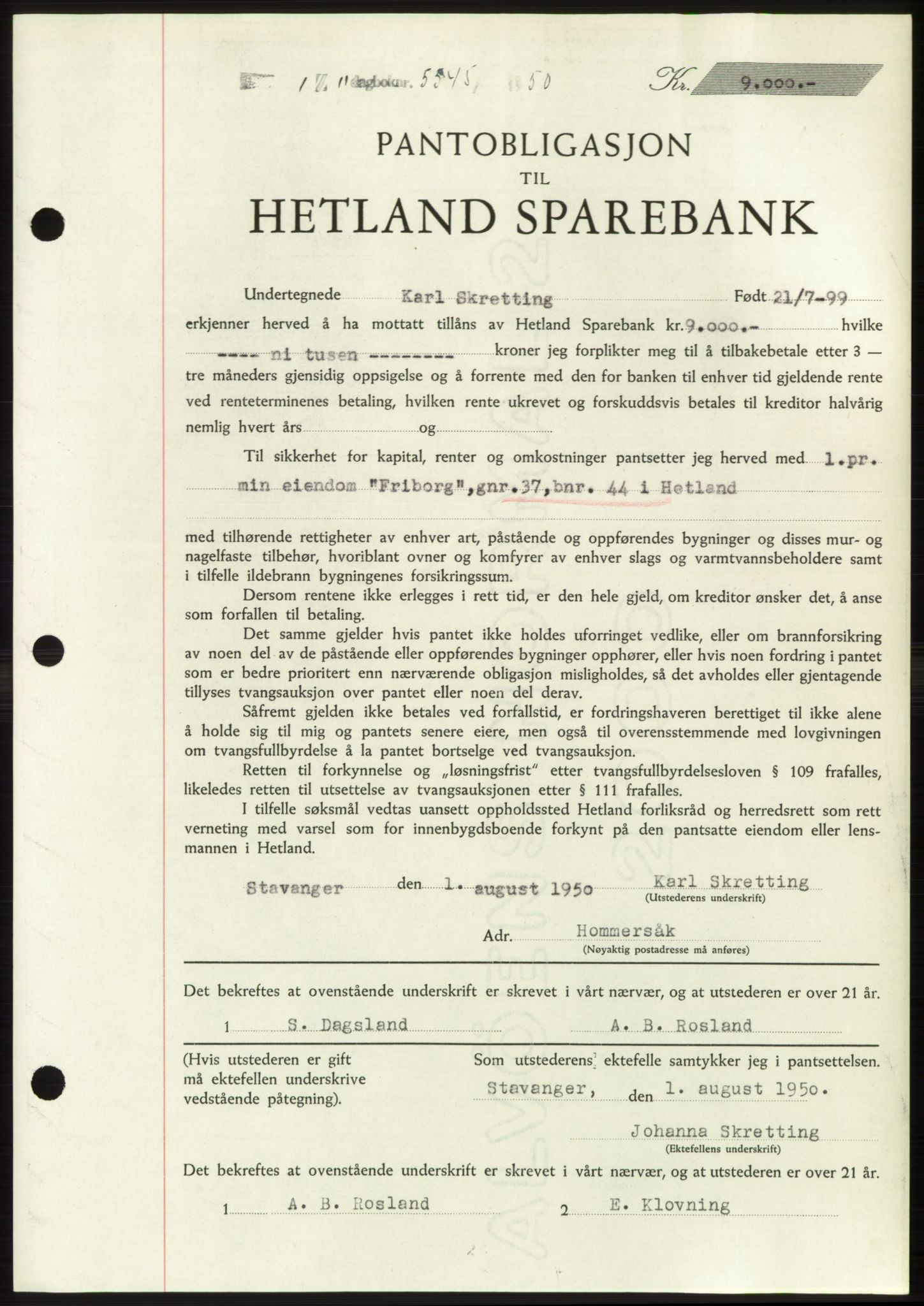 Jæren sorenskriveri, SAST/A-100310/03/G/Gba/L0110: Mortgage book, 1950-1950, Diary no: : 5545/1950