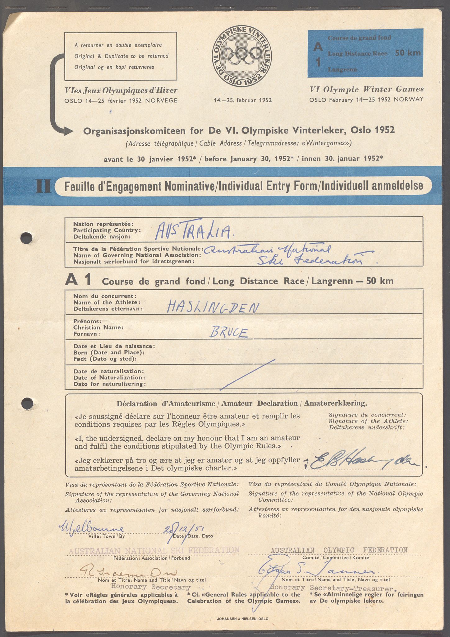 Organisasjonskomiteen for de VI. olympiske vinterleker, OBA/A-20130/H/Ha, 1951-1952, p. 2