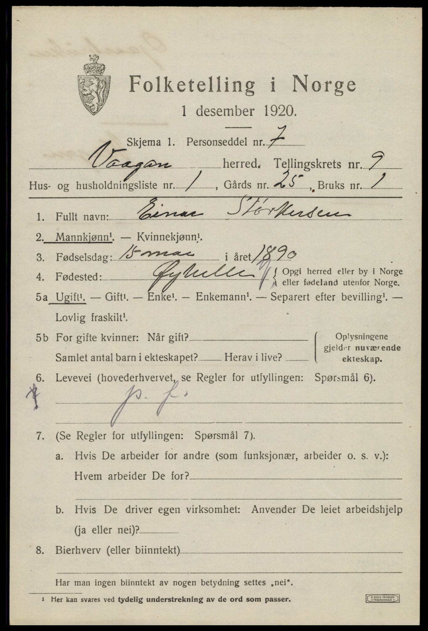 SAT, 1920 census for Vågan, 1920, p. 8109